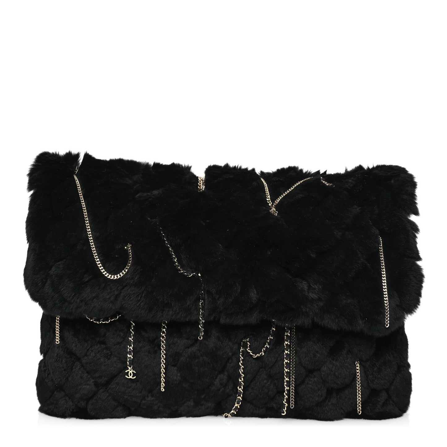 Rabbit Fur Large Chain Clutch Black