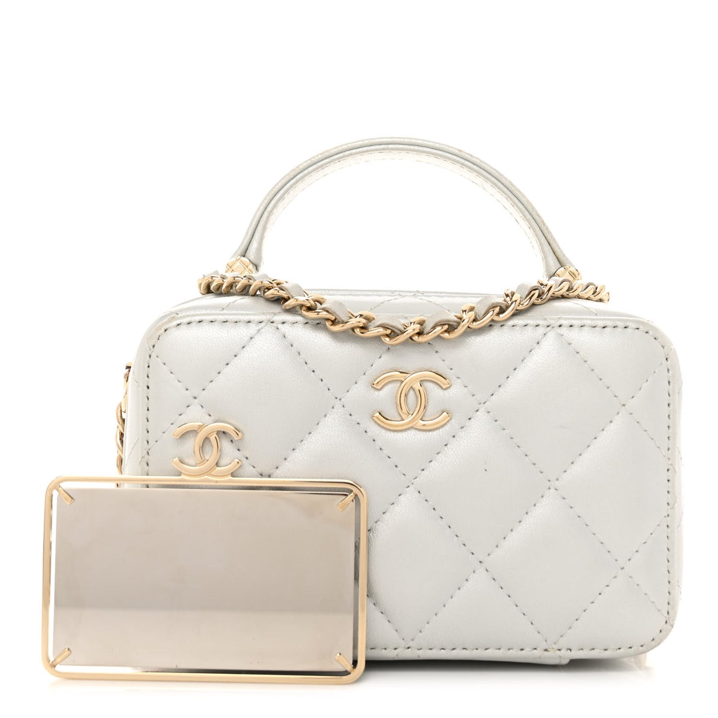 Metallic Lambskin Quilted Top Handle Vanity Case Silver