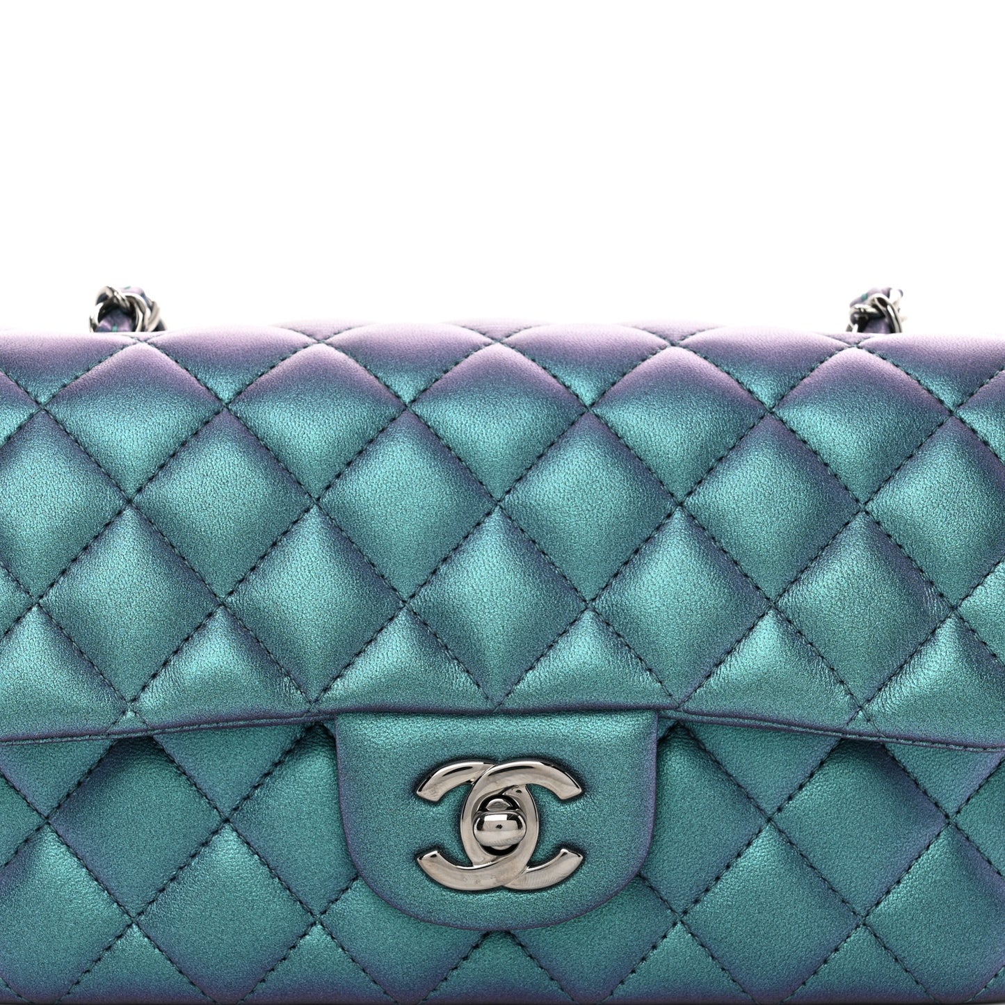 Iridescent Lambskin Quilted Mini Rectangular Flap Turquoise