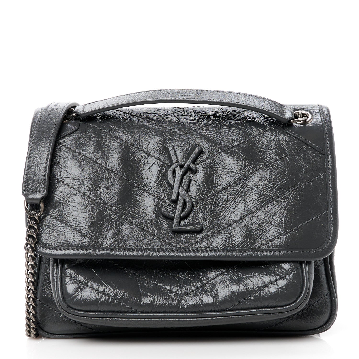 Saint Laurent Crinkled Calfskin Matelasse Monogram Baby Niki Chain Satchel Storm 1 of 11