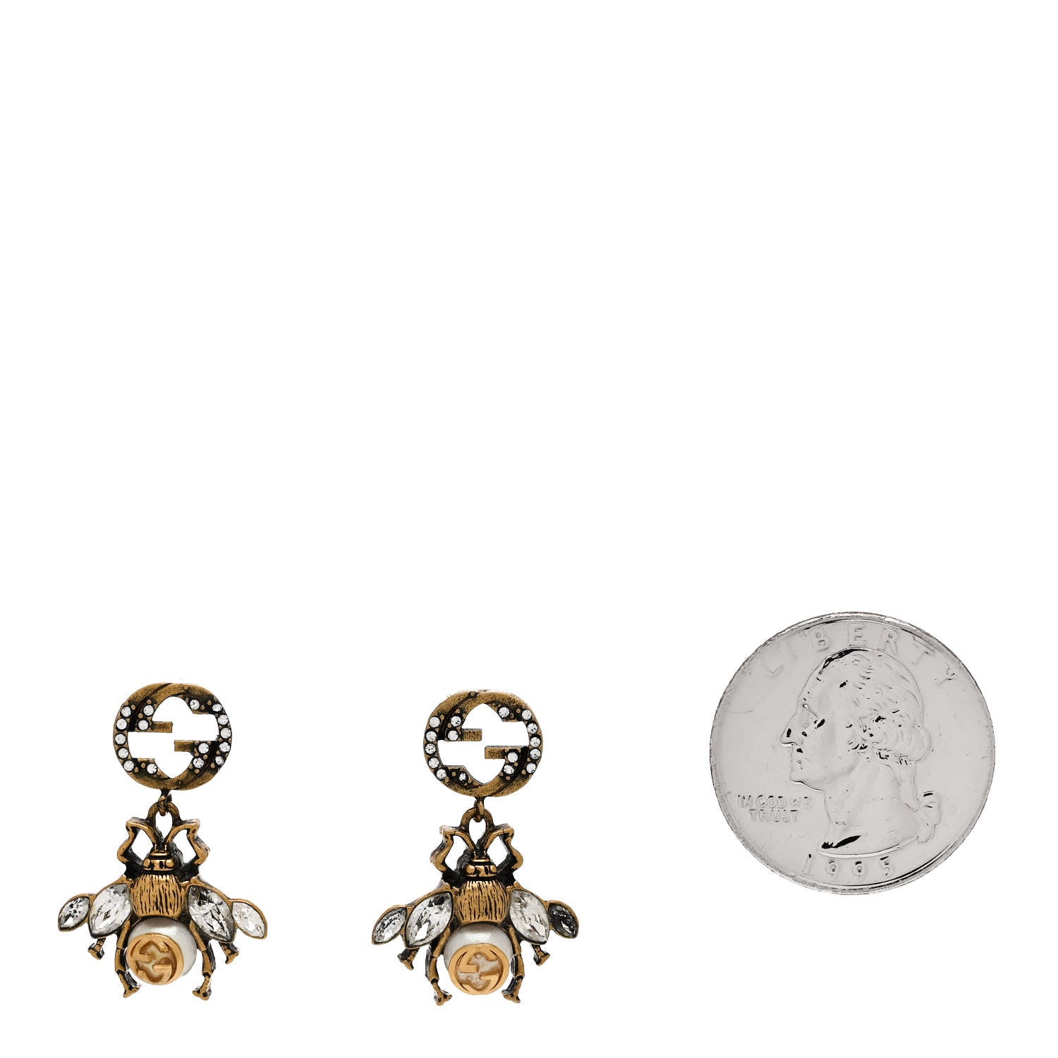 Gucci Crystal Pearl GG Drop Bee Earrings Gold 2 of 5