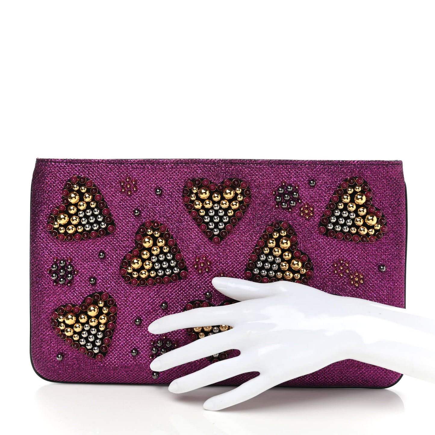 Metallic Raffia Studded Loubiposh Chain Clutch Magenta