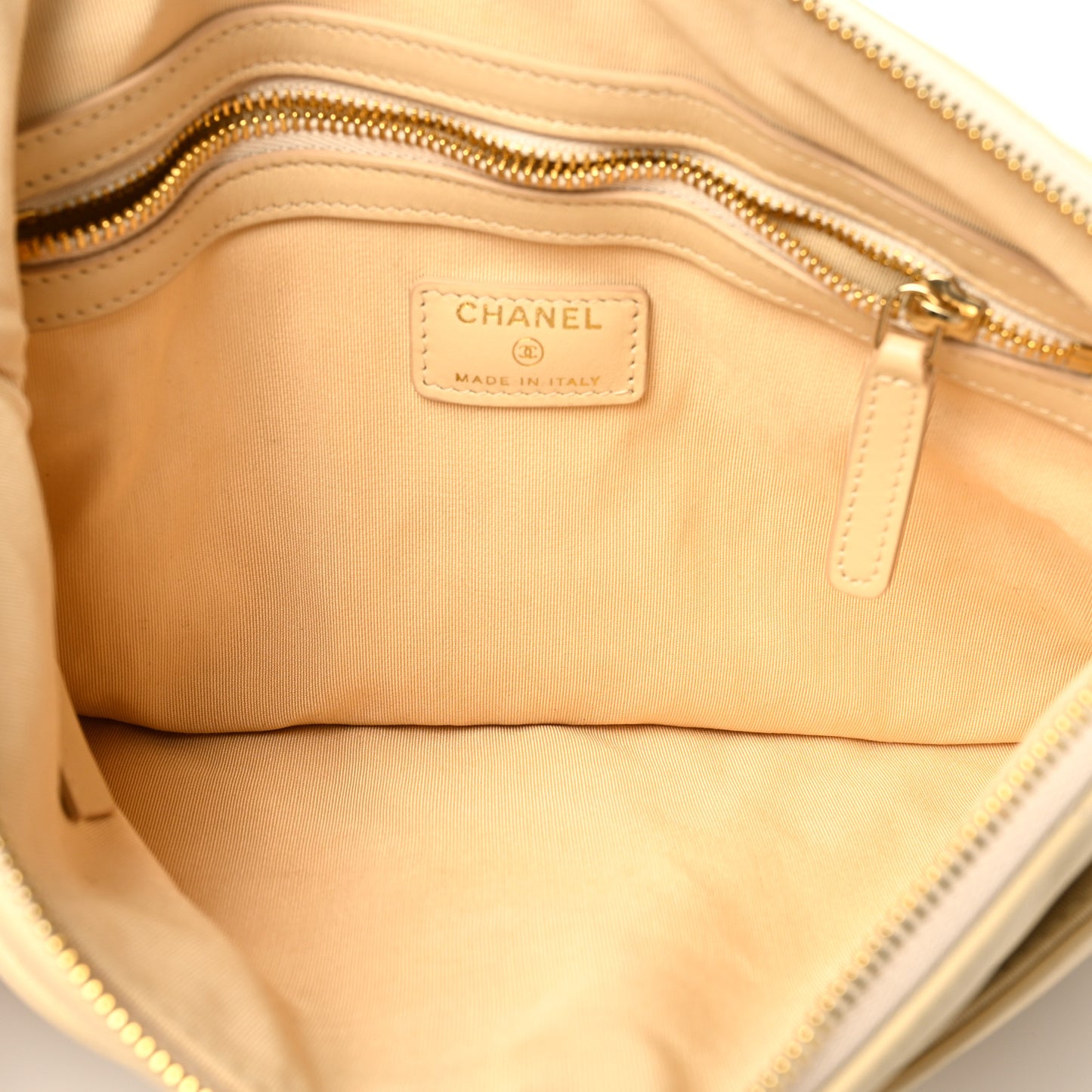 Shiny Goatskin Quilted Chanel 19 Pouch Beige