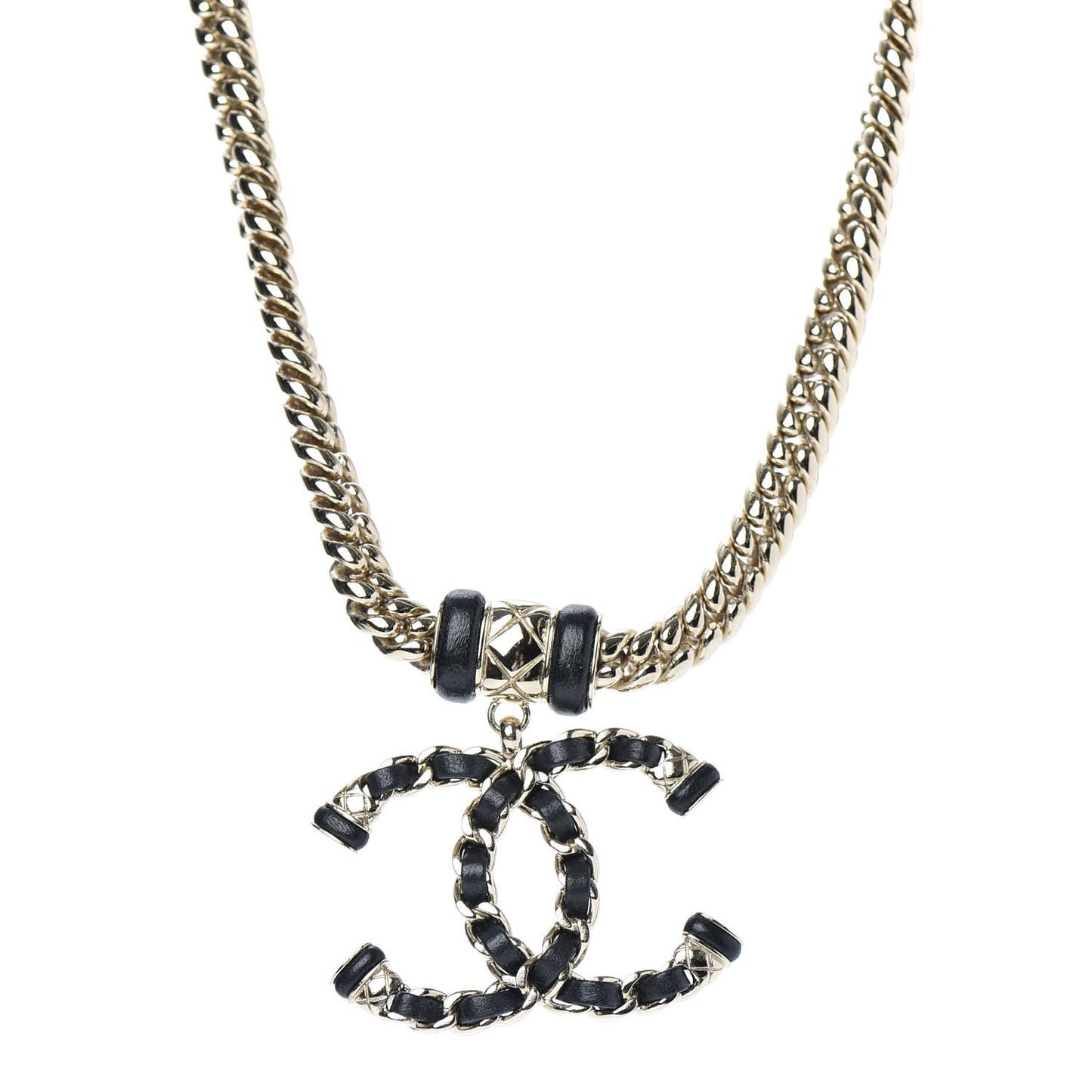 Metal Lambskin CC Chain Necklace Gold Black