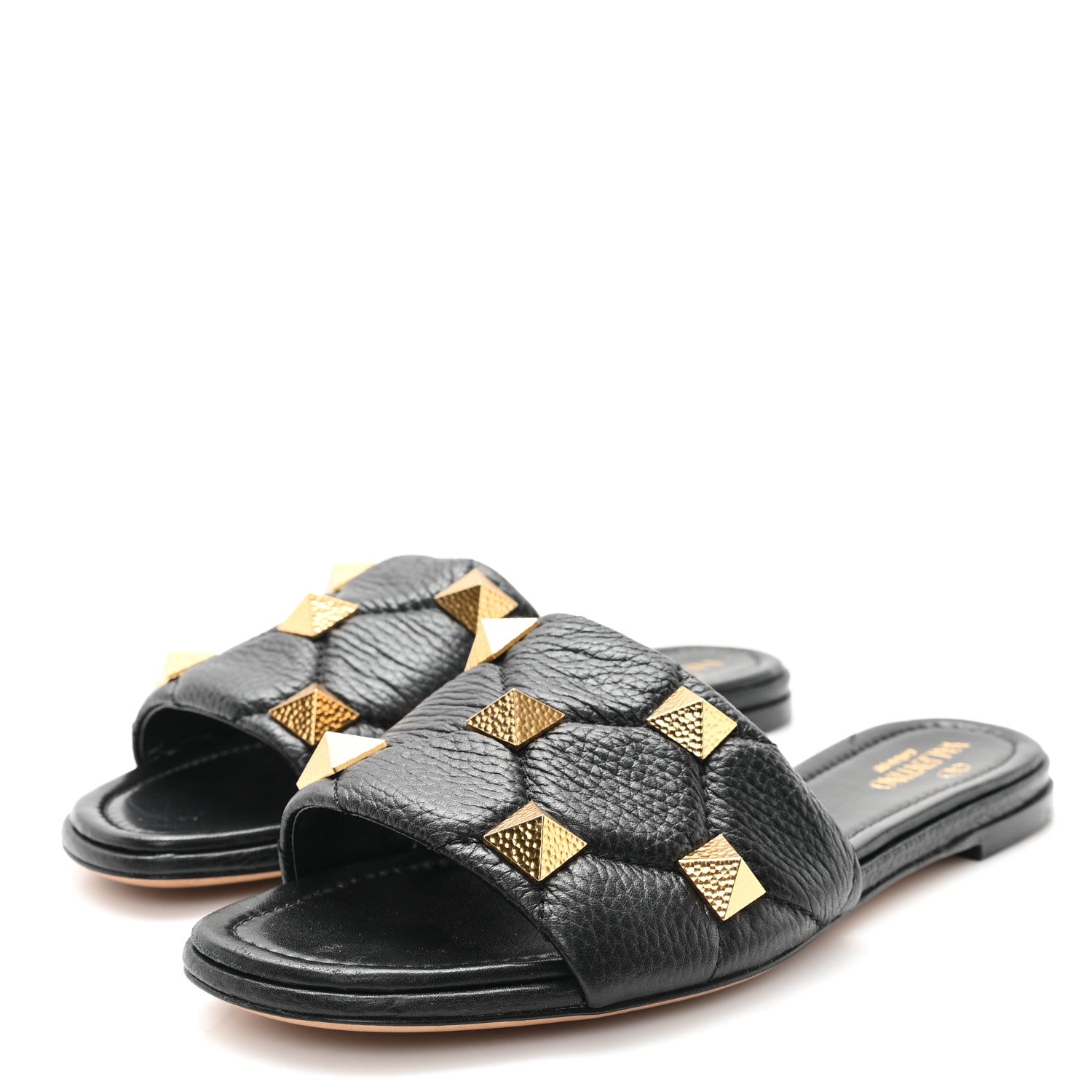 Valentino Garavani Pebbled Calfskin Roman Stud Flat Slide Sandals 37.5 Black 4 of 10
