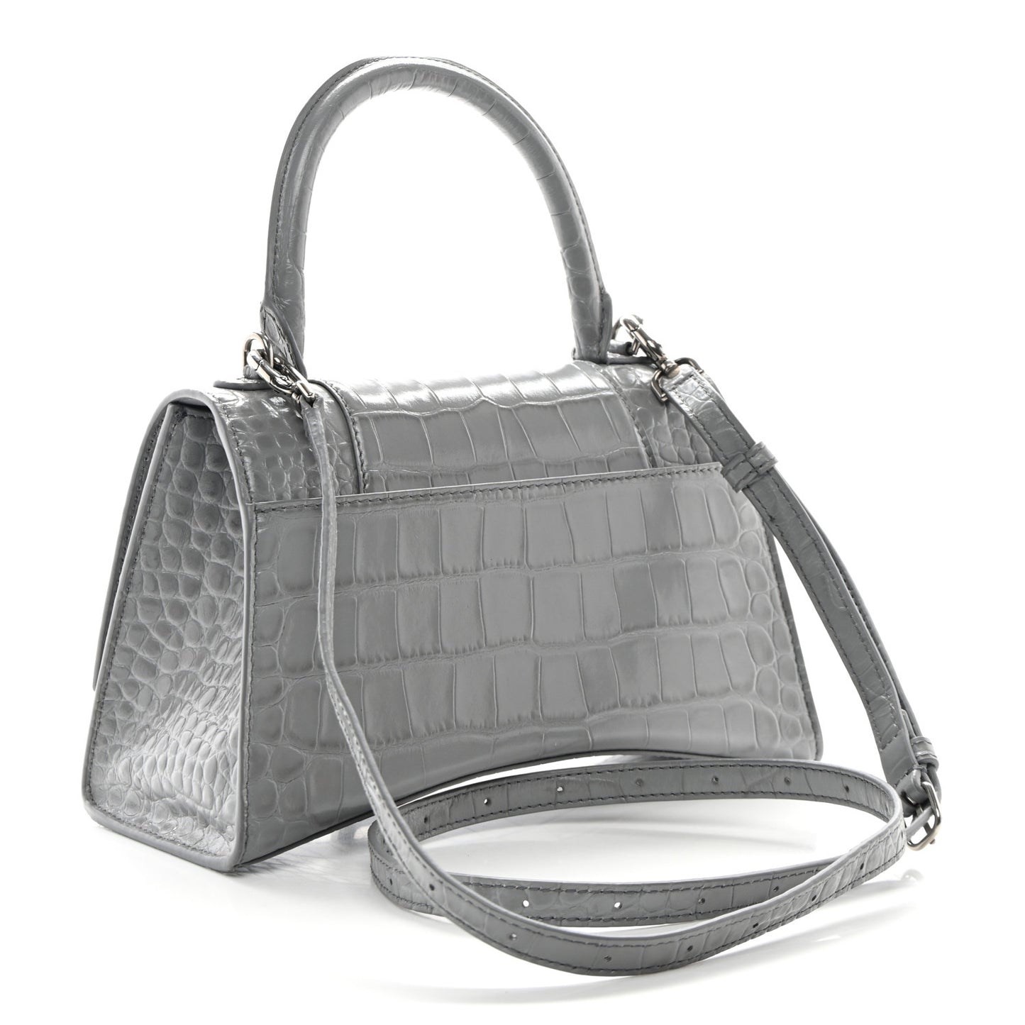 Shiny Calfskin Crocodile Embossed Small Hourglass Top Handle Bag Balenciaga Grey