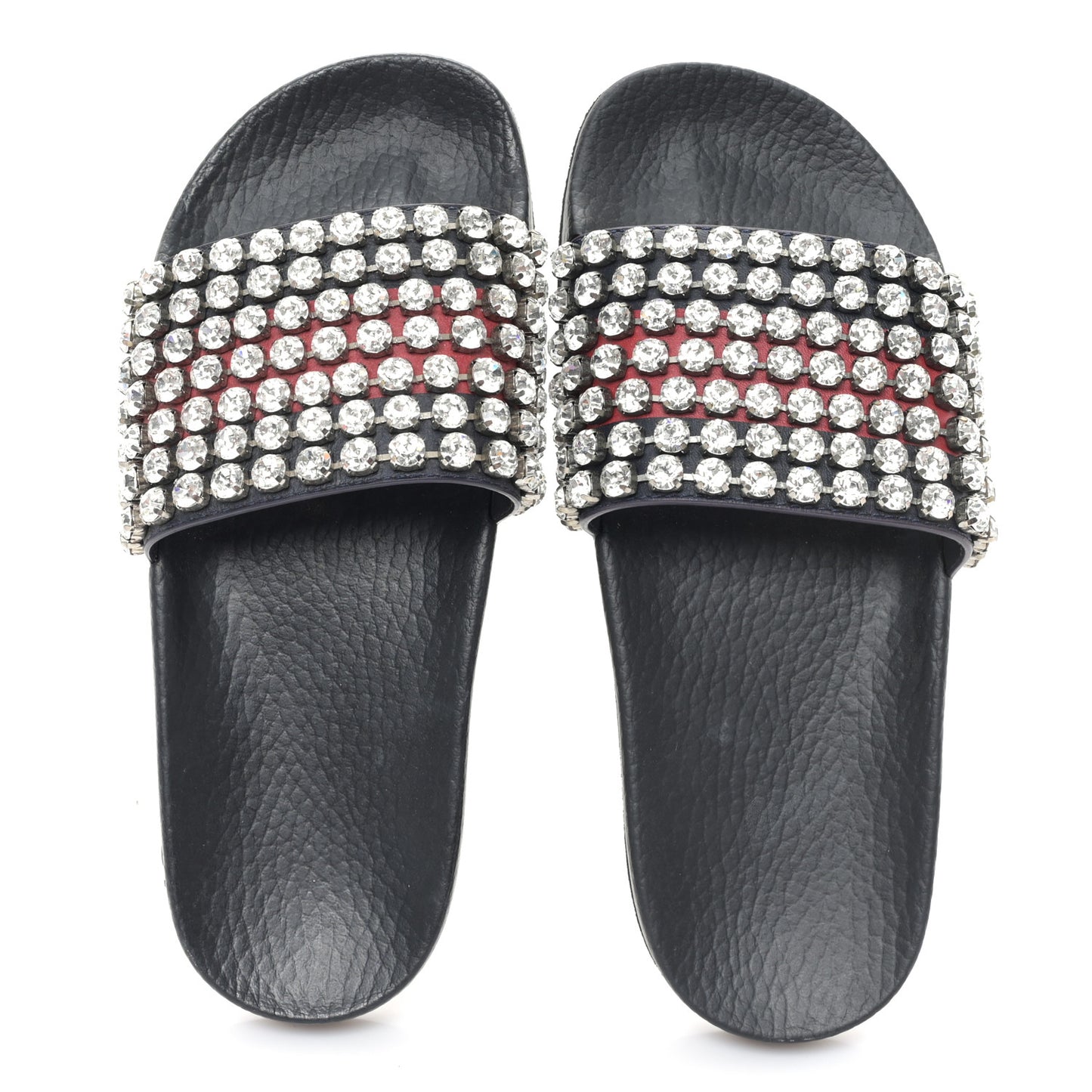 Calfskin Crystal Embellished Web Slide Sandals 36 Blue Red