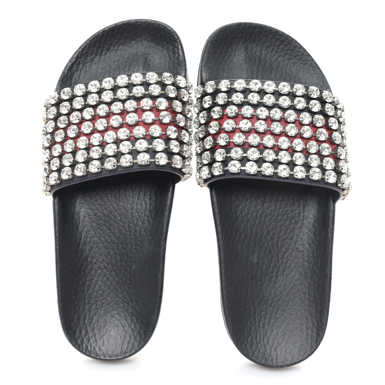 Gucci Calfskin Crystal Embellished Web Slide Sandals 36 Blue Red 2 of 8