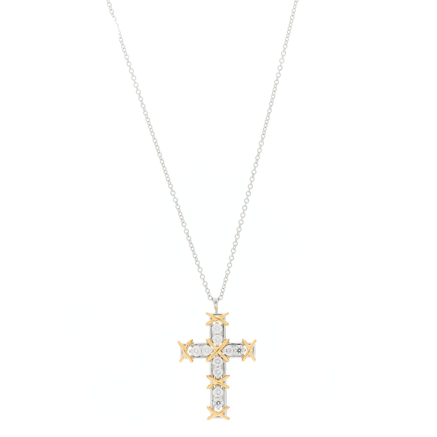 Platinum 18K Yellow Gold Diamond Schlumberger Ten Stone Cross Pendant Necklace