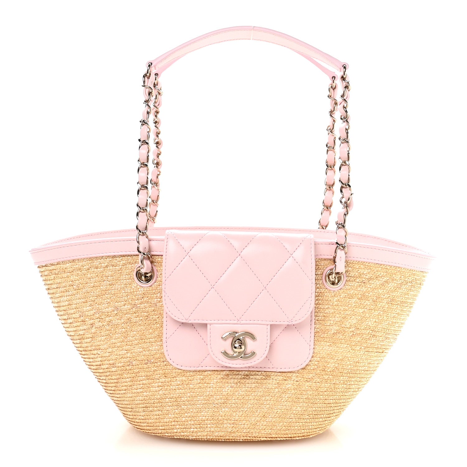 CHANEL -  LALALA♪ 出品 Chanel Raffia Braided Lambskin Small Wicker Tote Beige Light Pink