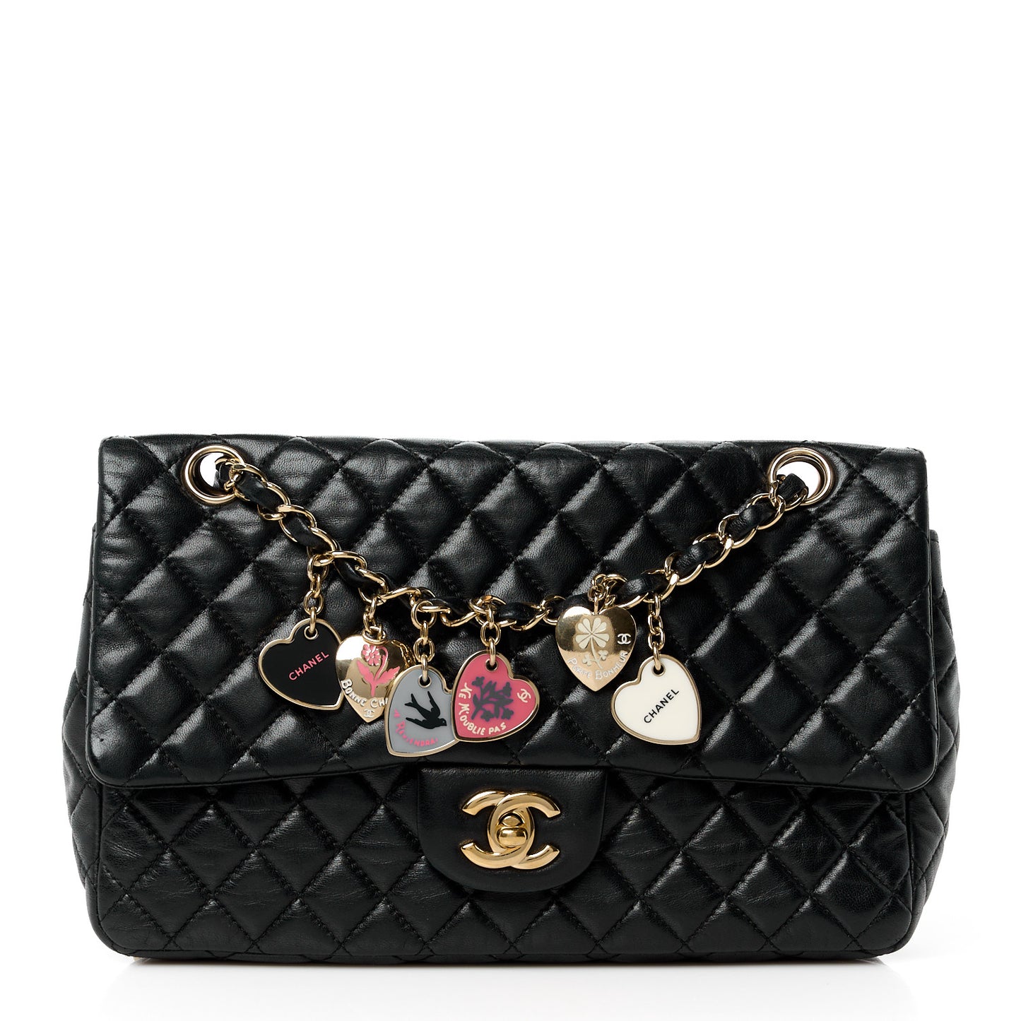 Lambskin Quilted Valentine Charms Medium Single Flap Black