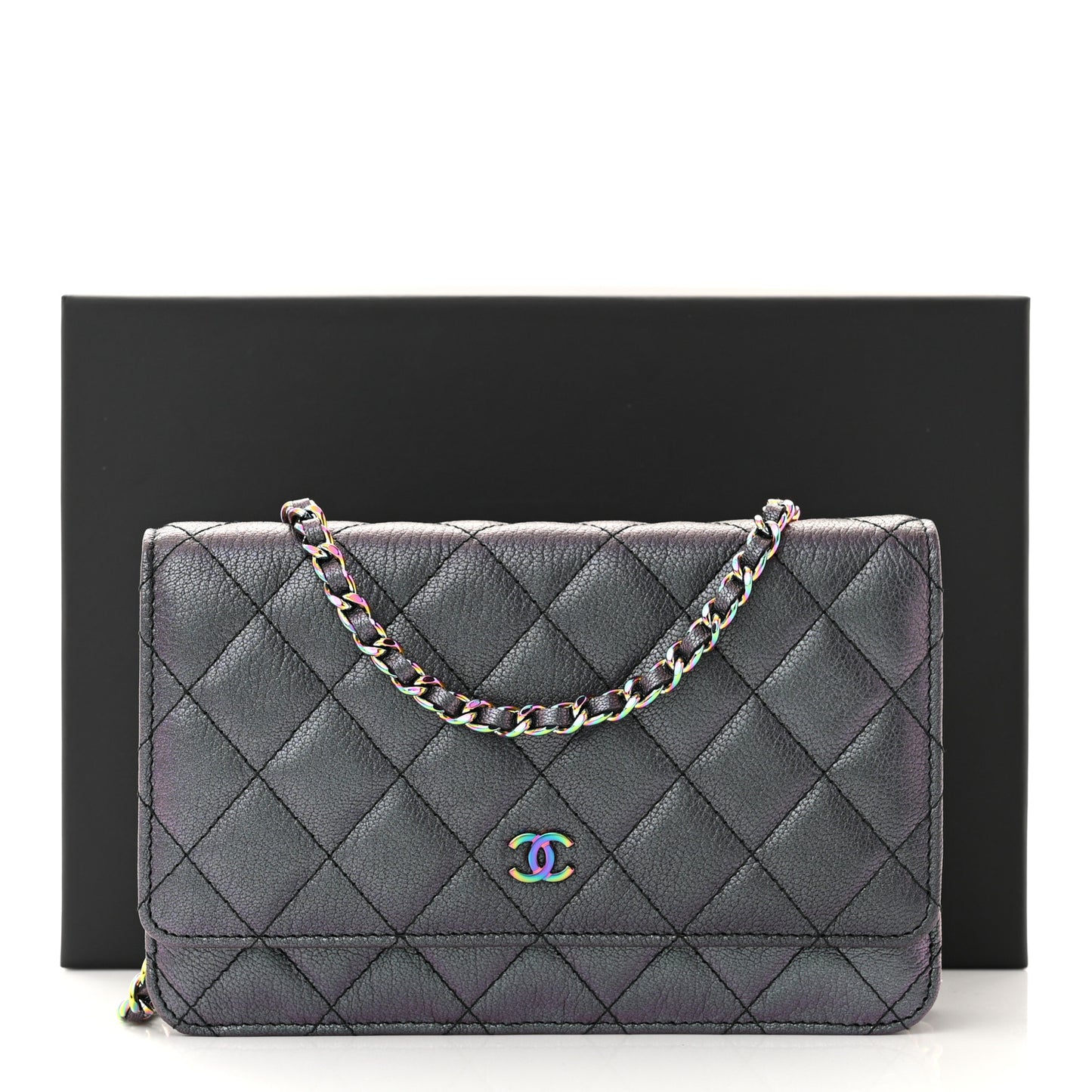 Iridescent Goatskin Quilted Wallet On Chain WOC Purple