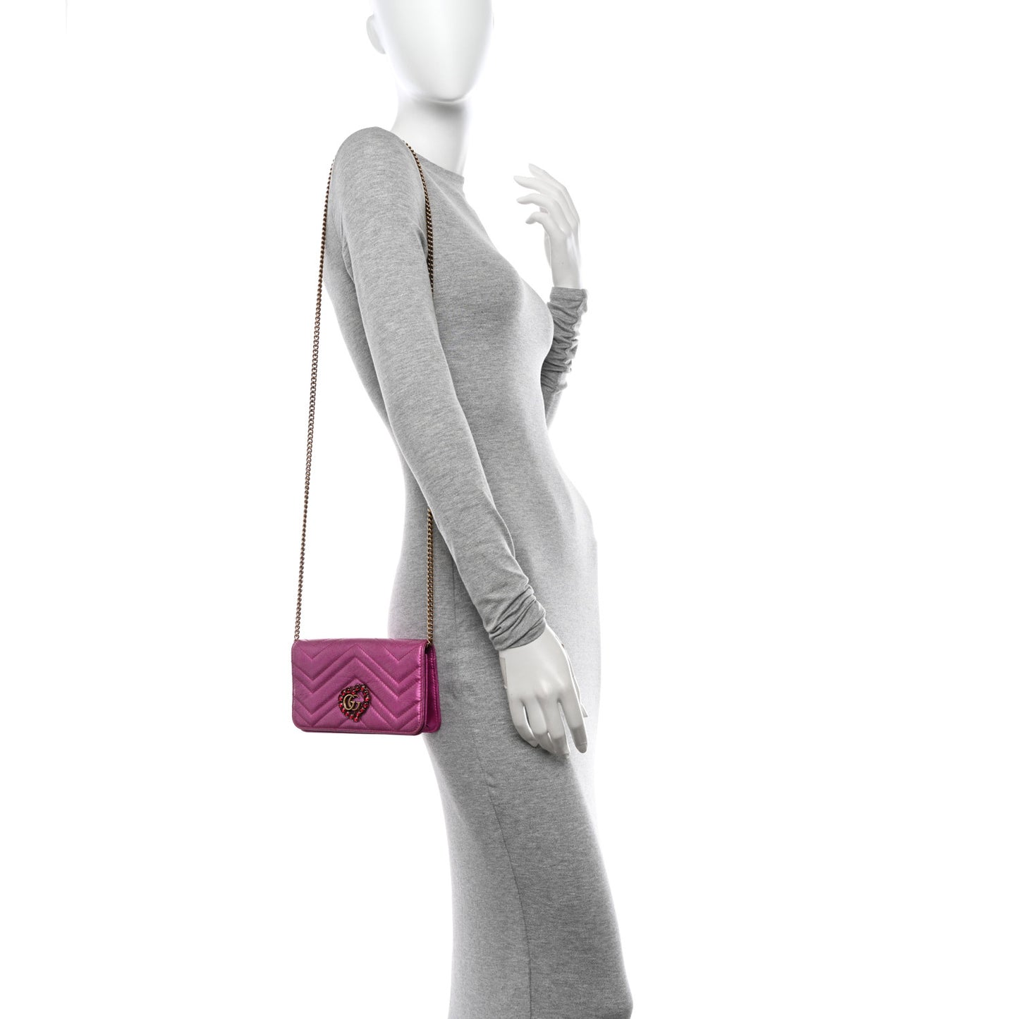 Metallic Calfskin Matelasse Crystal GG Marmont Mini Bag Fuchsia