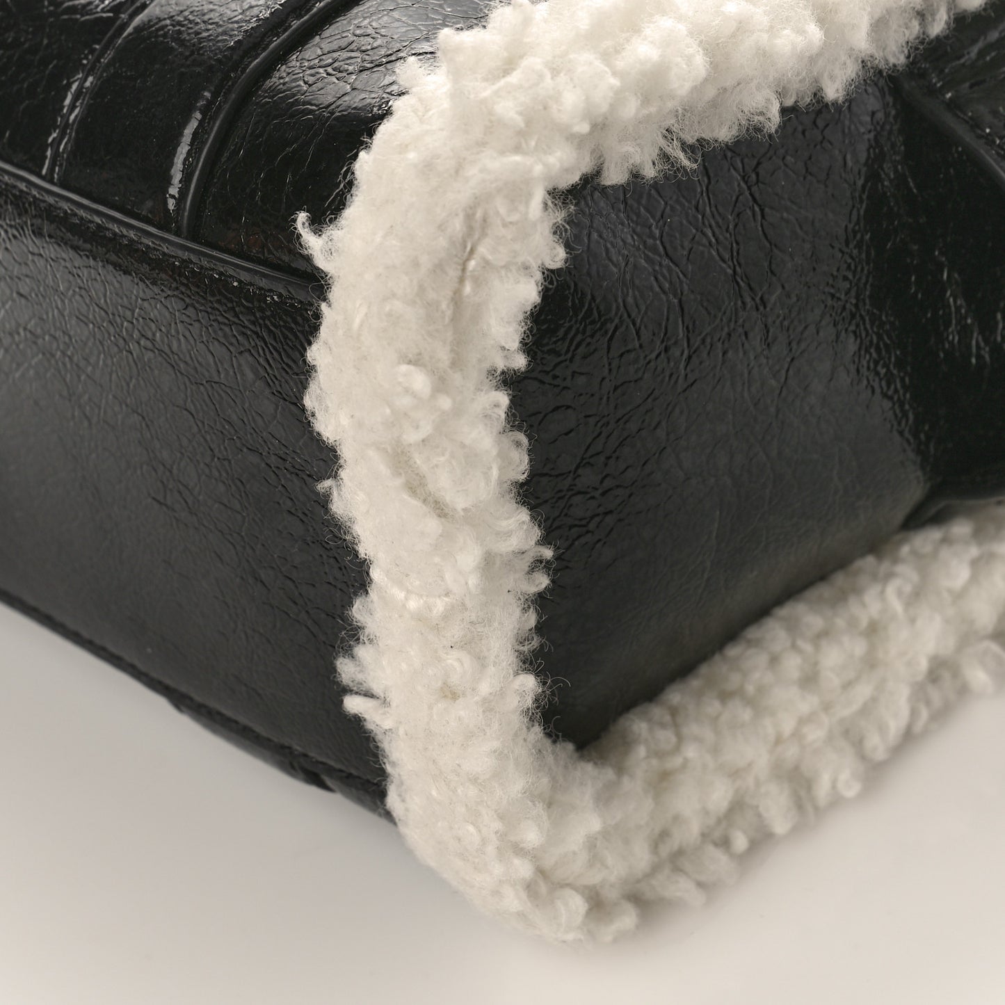 Shiny Calfskin Faux Shearling Mini The Traveler Tote Bag Black