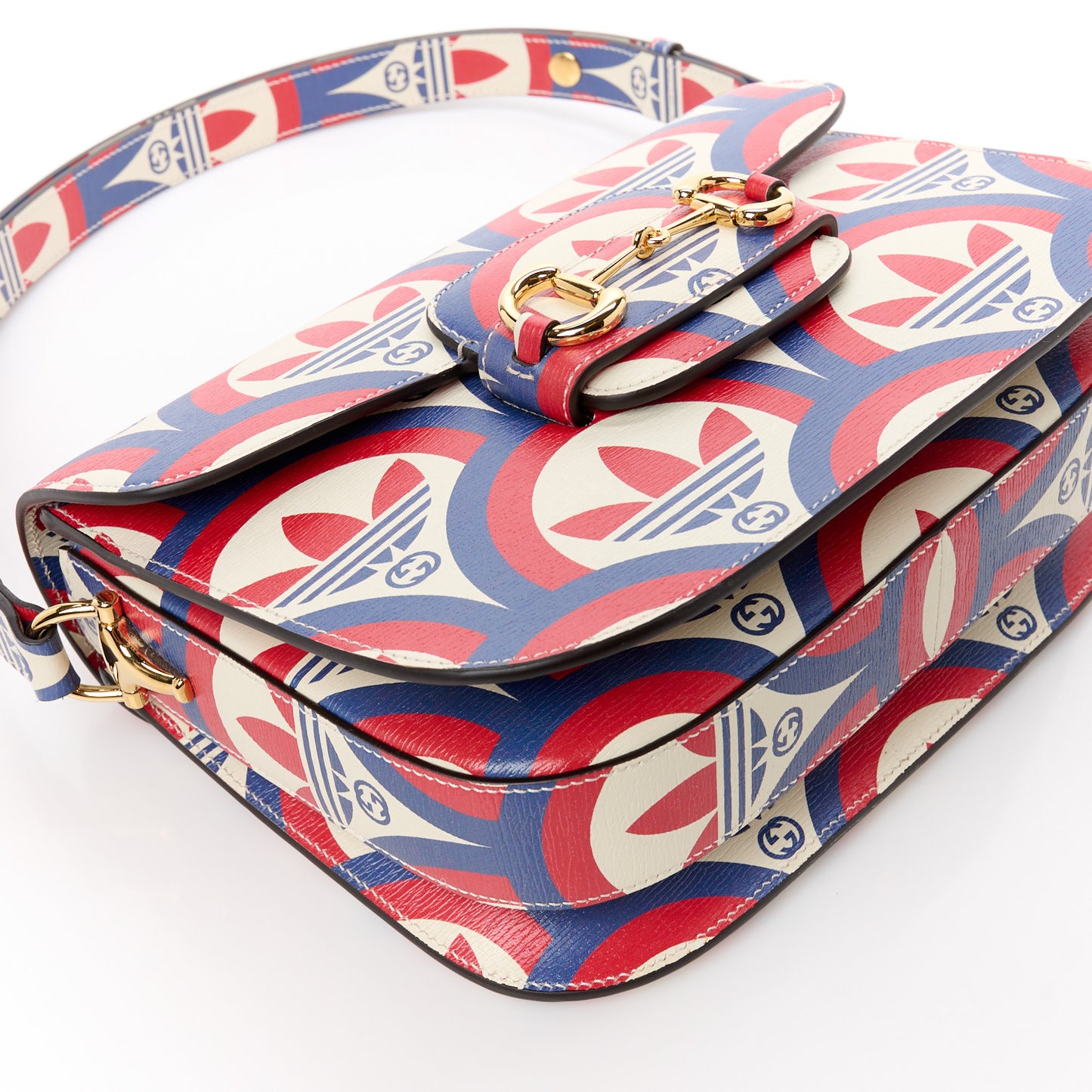 X ADIDAS Shangai Calfskin Web Trefoil Interlocking G Small Horsebit 1955 Shoulder Bag Red White Blue