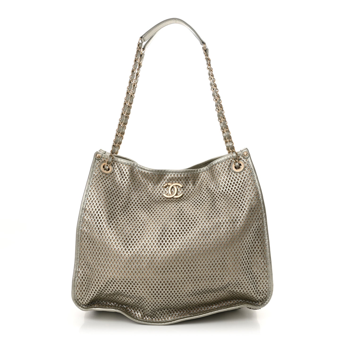 Metallic Calfskin Perforated Tote Light Gold