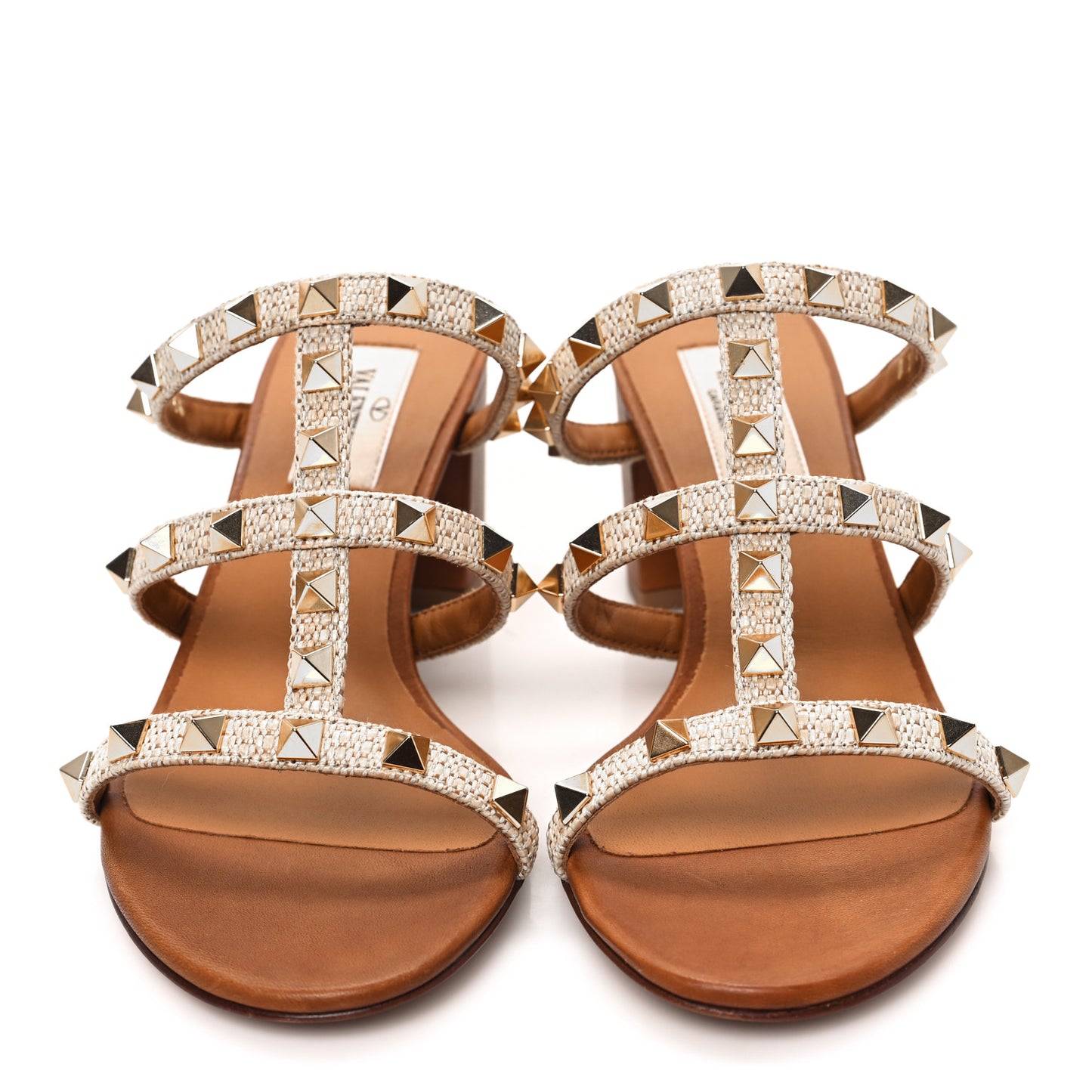 Raffia Calfskin Rockstud 60mm Caged Slide Sandals 36 Naturale