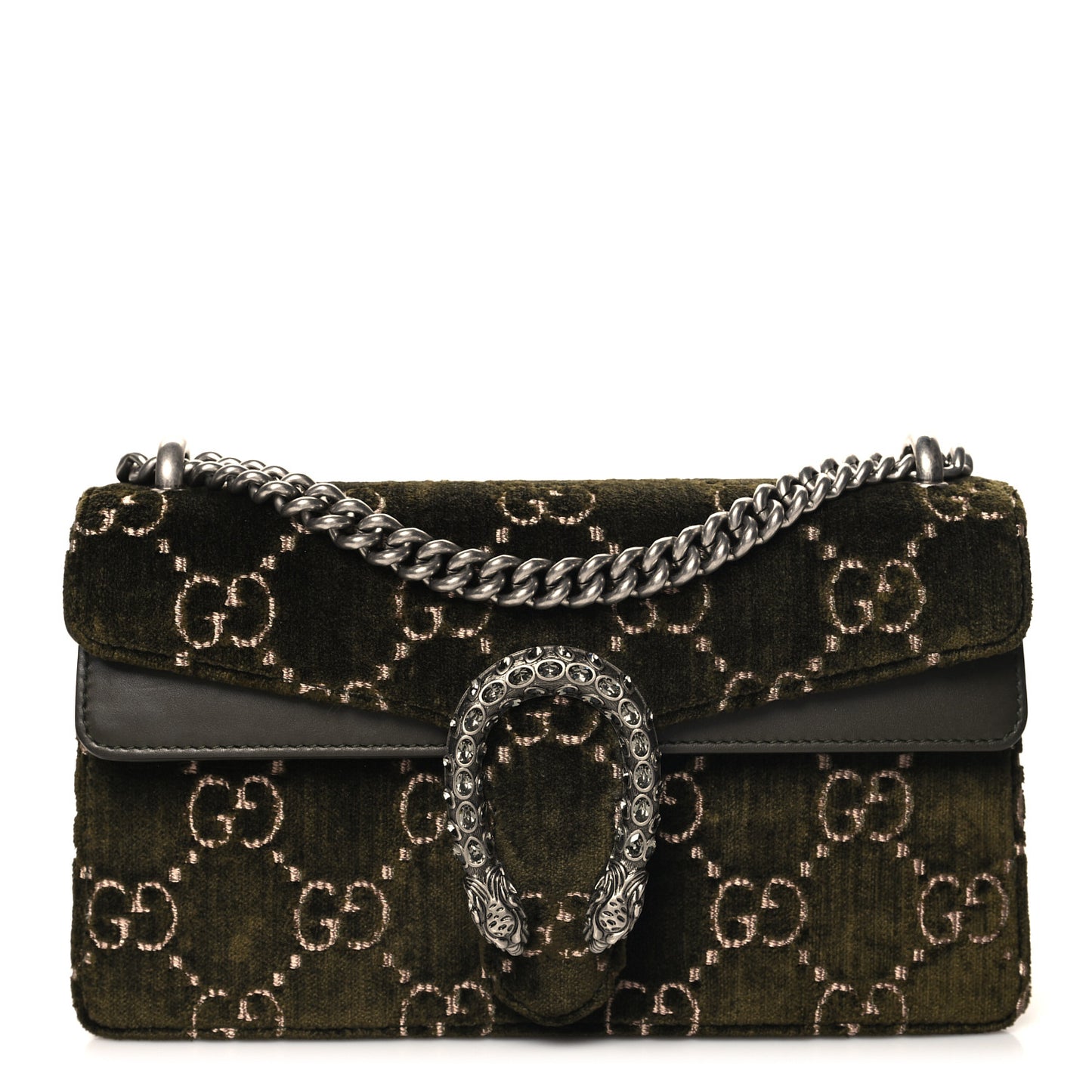 Velvet Moon Calfskin Crystal GG Monogram Small Dionysus Shoulder Bag Dark Olive Rose Gold