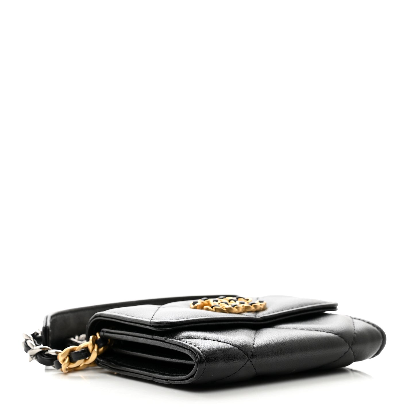 Shiny Goatskin Quilted Chanel 19 Flap Coin Purse With Chain Black