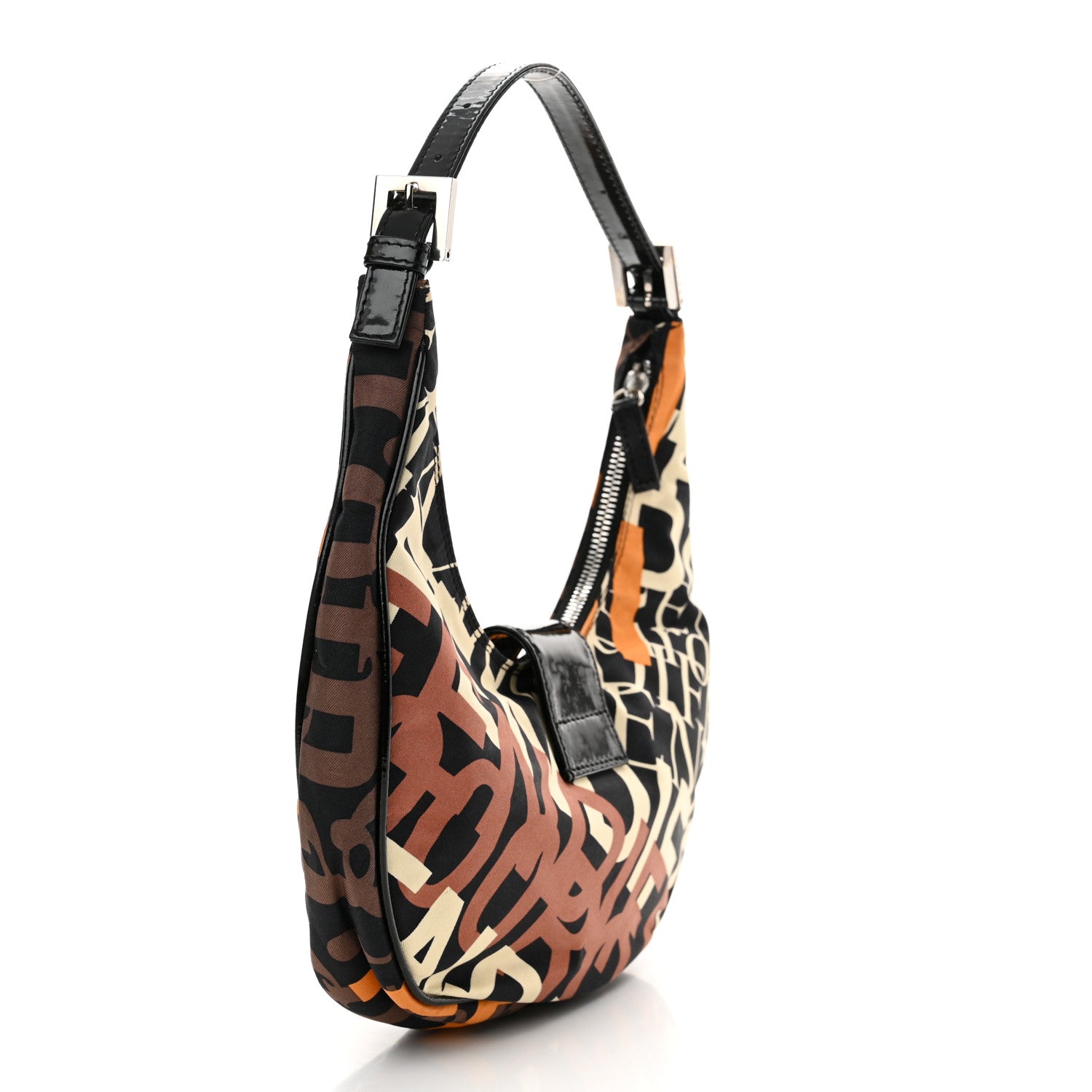 Fendi Nylon Patent Half Moon Baguette Black Brown Orange 3 of 9