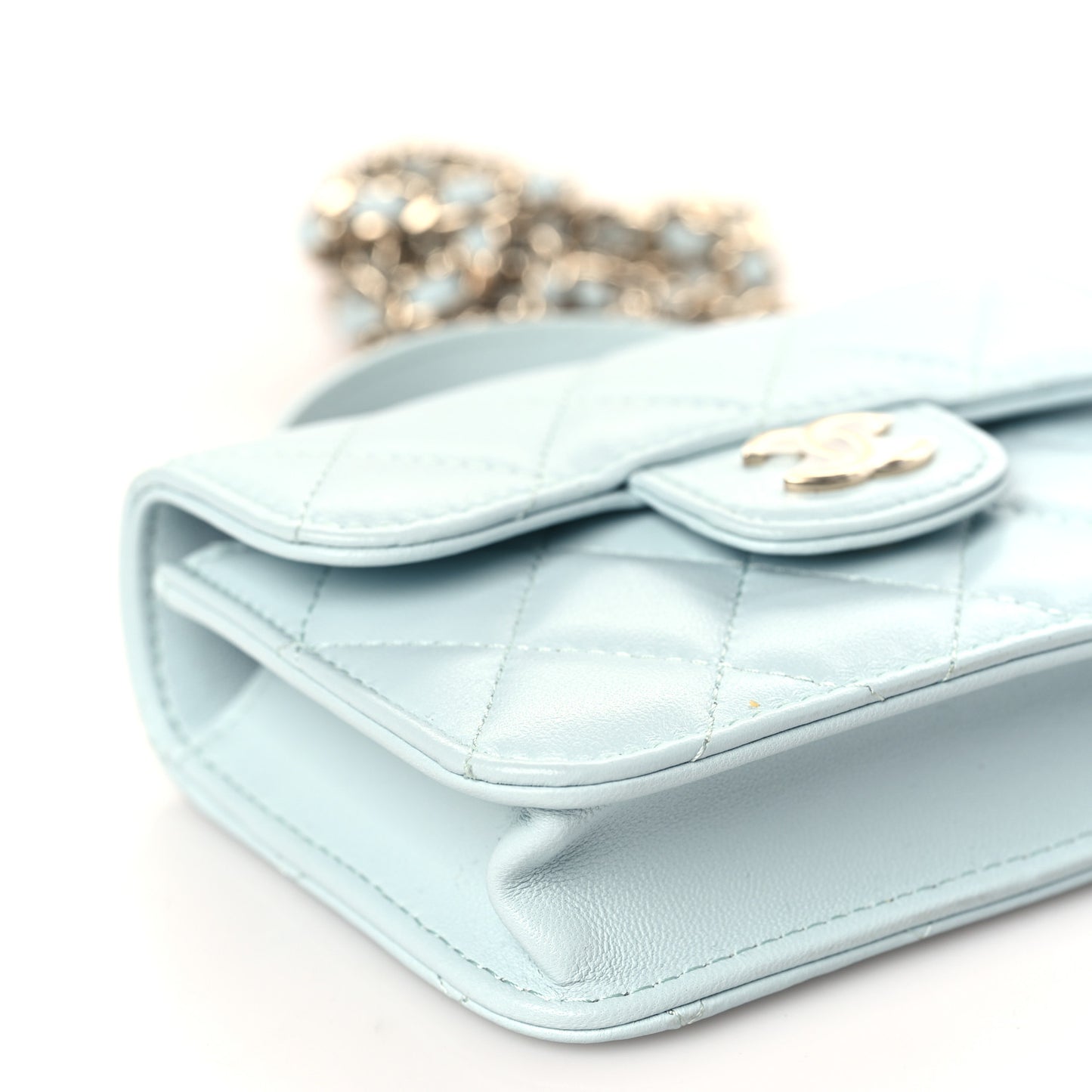 Lambskin Quilted Top Handle Flap Coin Purse With Chain Light Blue