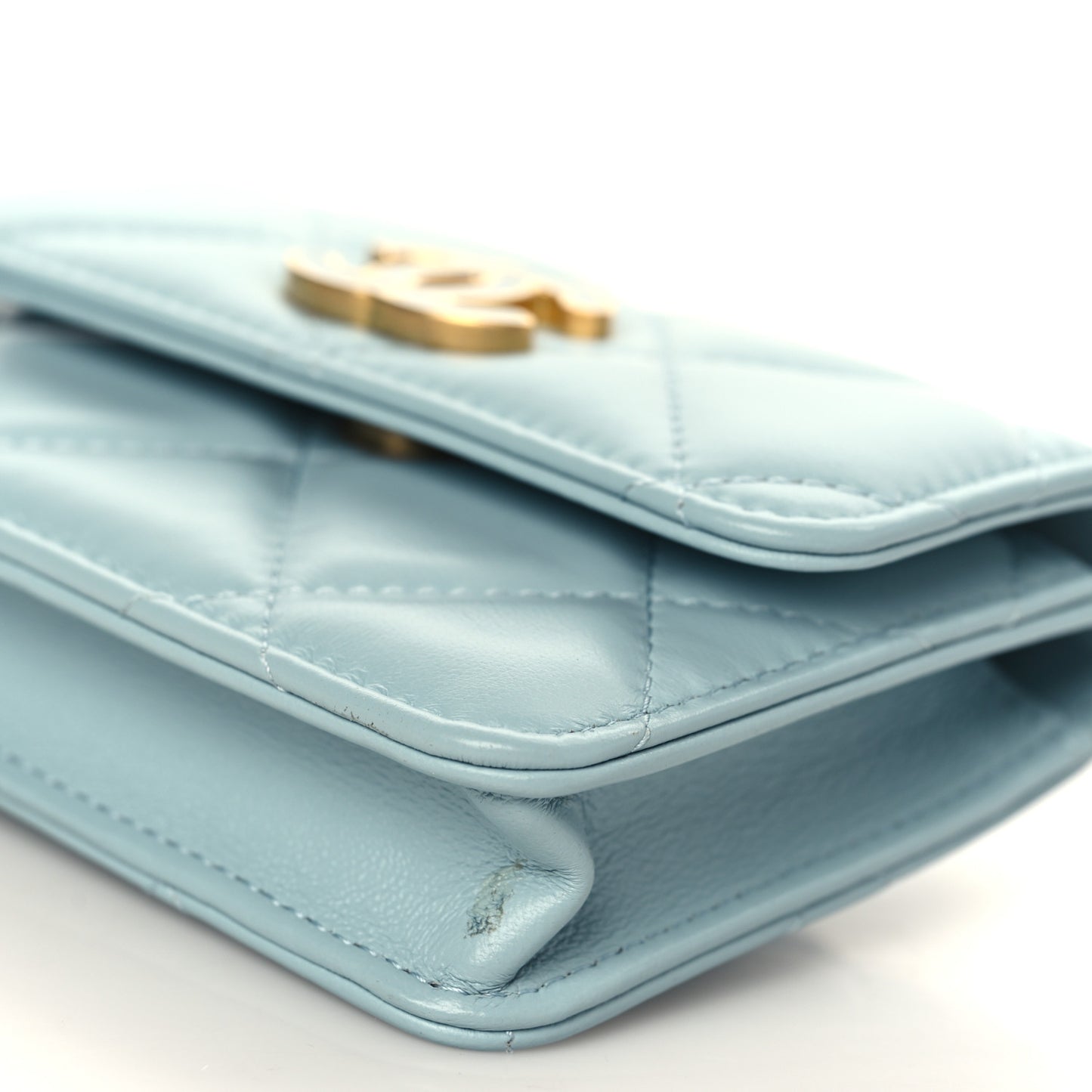 Lambskin Enamel Quilted Pending CC Flap Belt Bag Light Blue