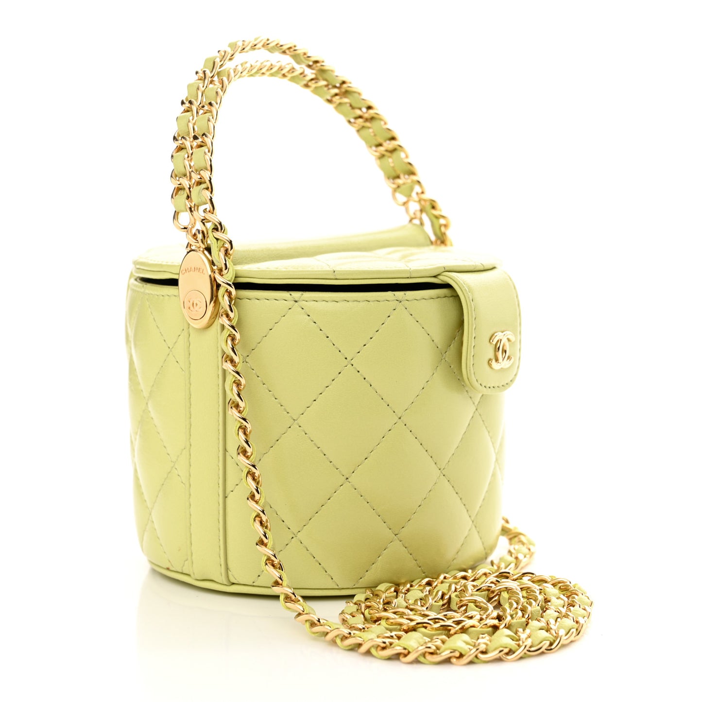 Shiny Lambskin Quilted Chain Top Handle Vanity With Chain Light Green