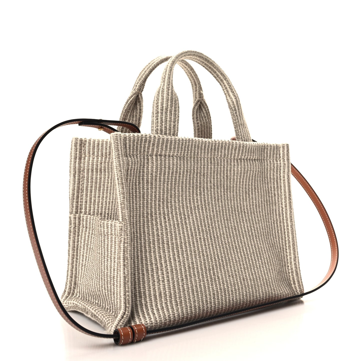 Canvas Calfskin Striped Triomphe Small Cabas Beige