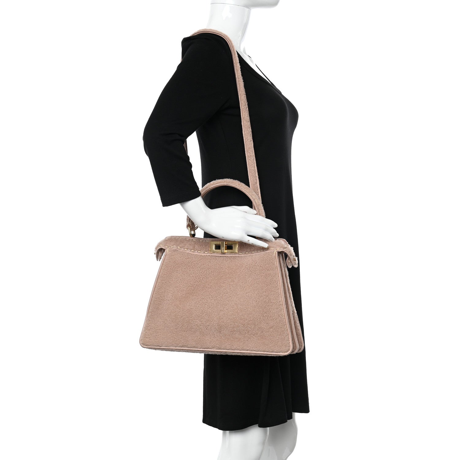 Fendi Curly Shearling Shiny Nappa Medium Peekaboo I SEE U Satchel Rosa Plaster 2 of 12