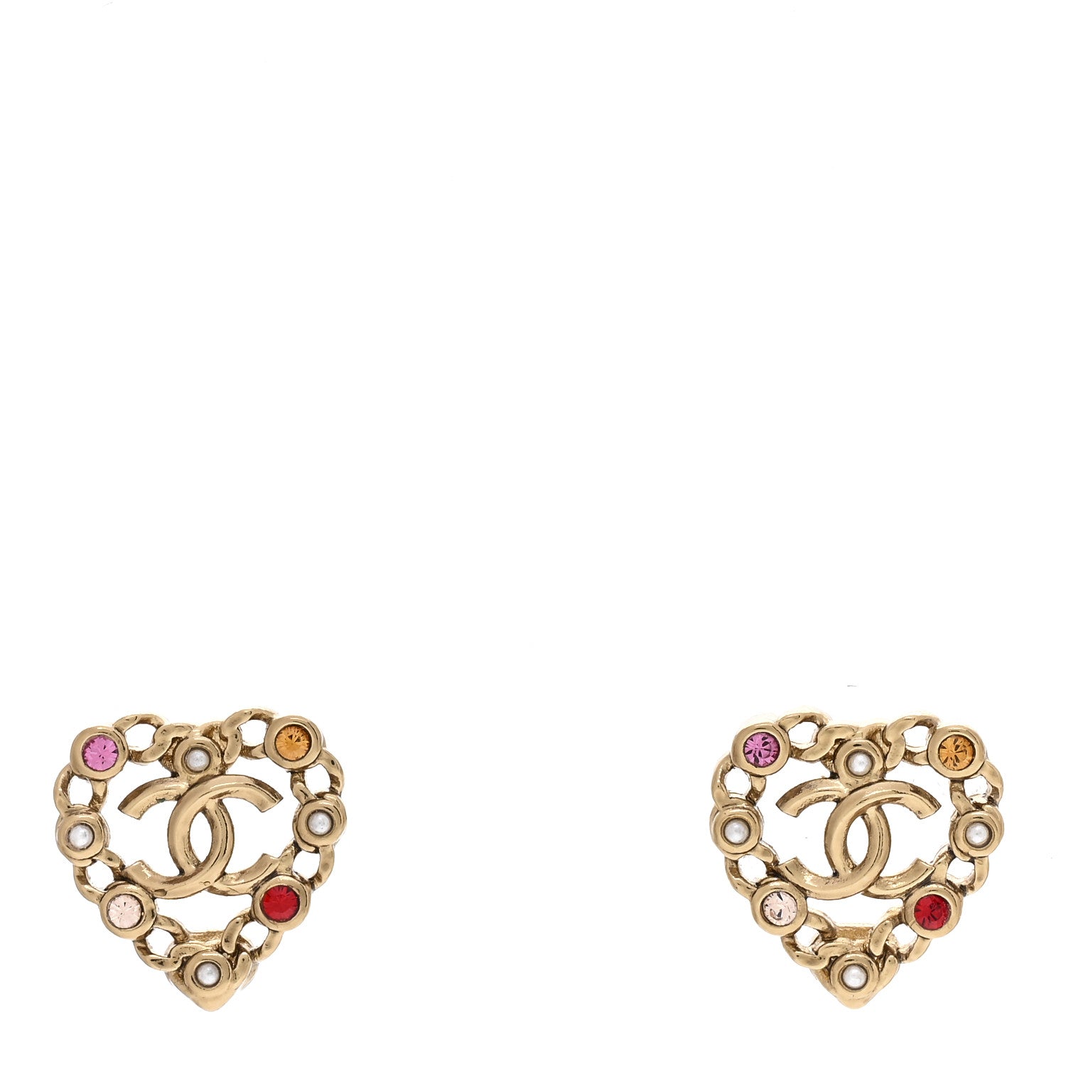 Chanel Pearl Crystal CC Heart Earrings Gold Multicolor 1 of 4