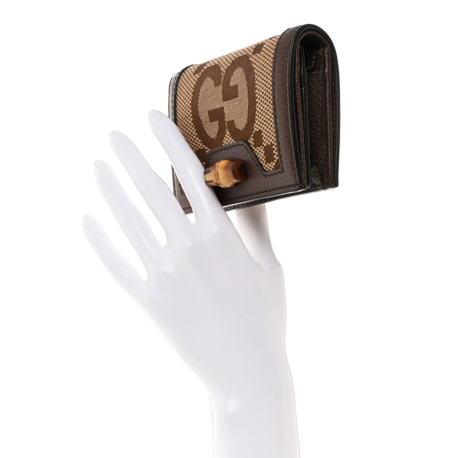 Gucci Monogram Jumbo GG Textured Dollar Calfskin Diana Card Case Wallet Camel Ebony New Acero 2 of 8
