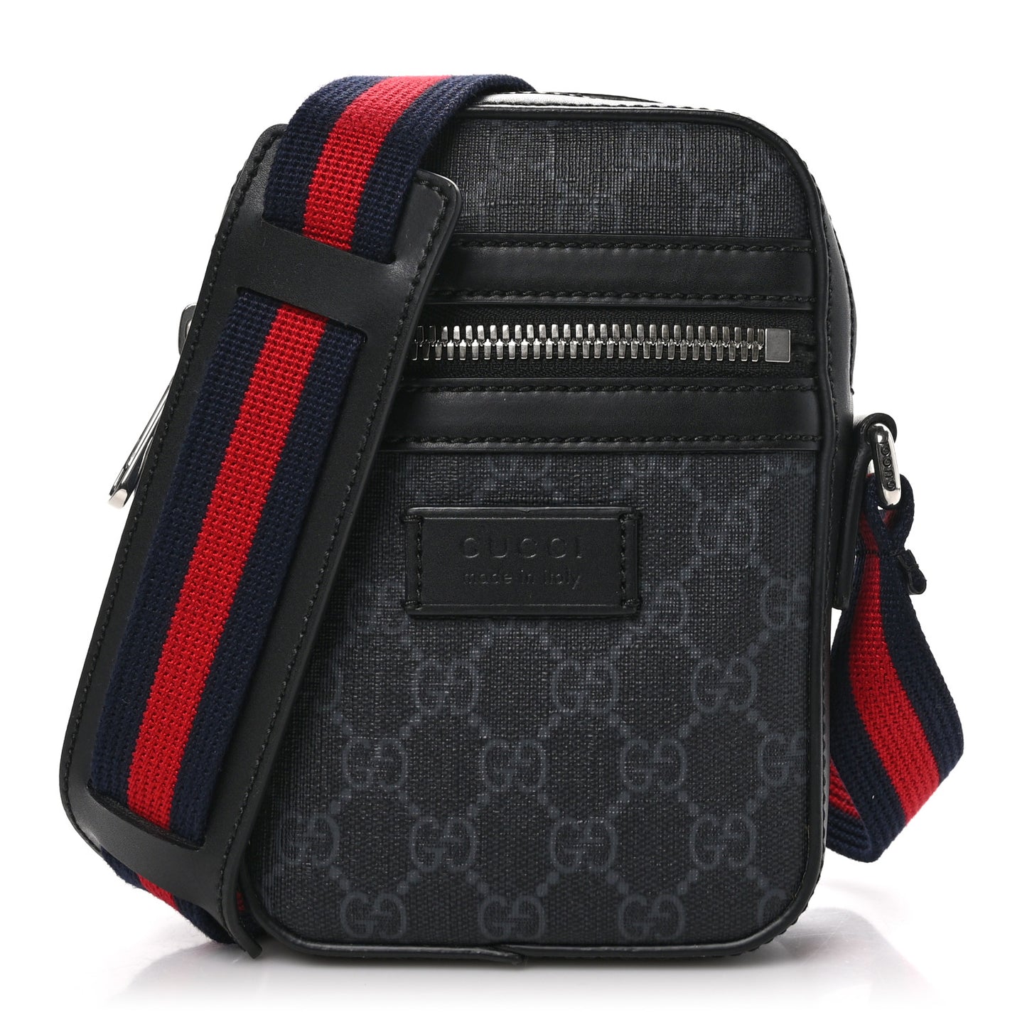 GG Supreme Monogram Appia Calfskin Web Small Camera Messenger Bag Black Grey