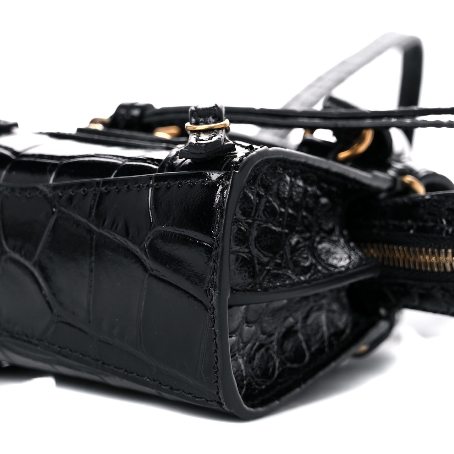 Shiny Supple Calfskin Crocodile Embossed Neo Classic Gold Hardware Super Nano City Crossbody Black