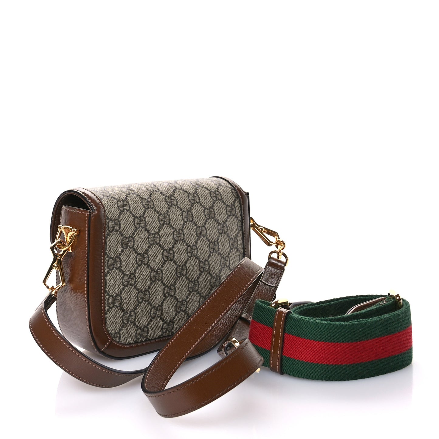 GG Supreme Monogram Azalea Calfskin Web Mini Horsebit 1955 Shoulder Bag Beige Ebony Brown Sugar