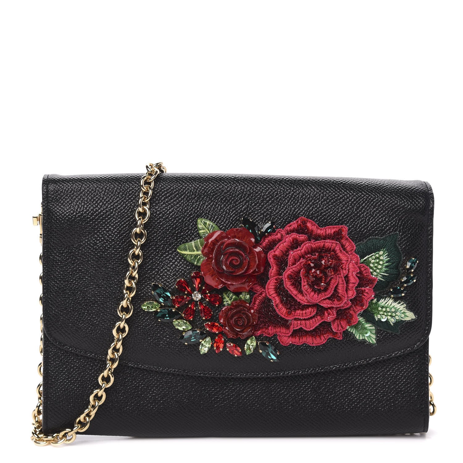 Dolce & Gabbana Dauphine Stampa Crystal Small Roses Wallet On Chain Black 1 of 9