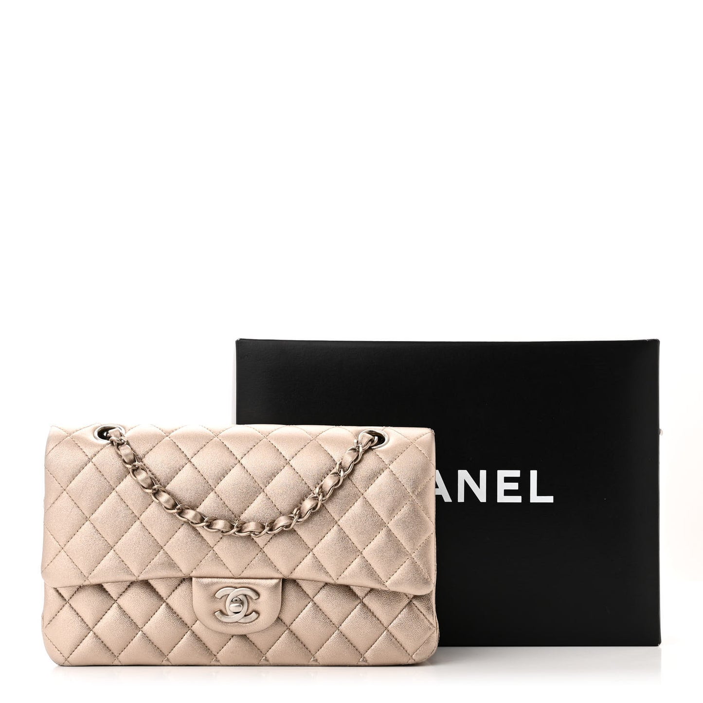 Metallic Calfskin Quilted Medium Double Flap Khaki