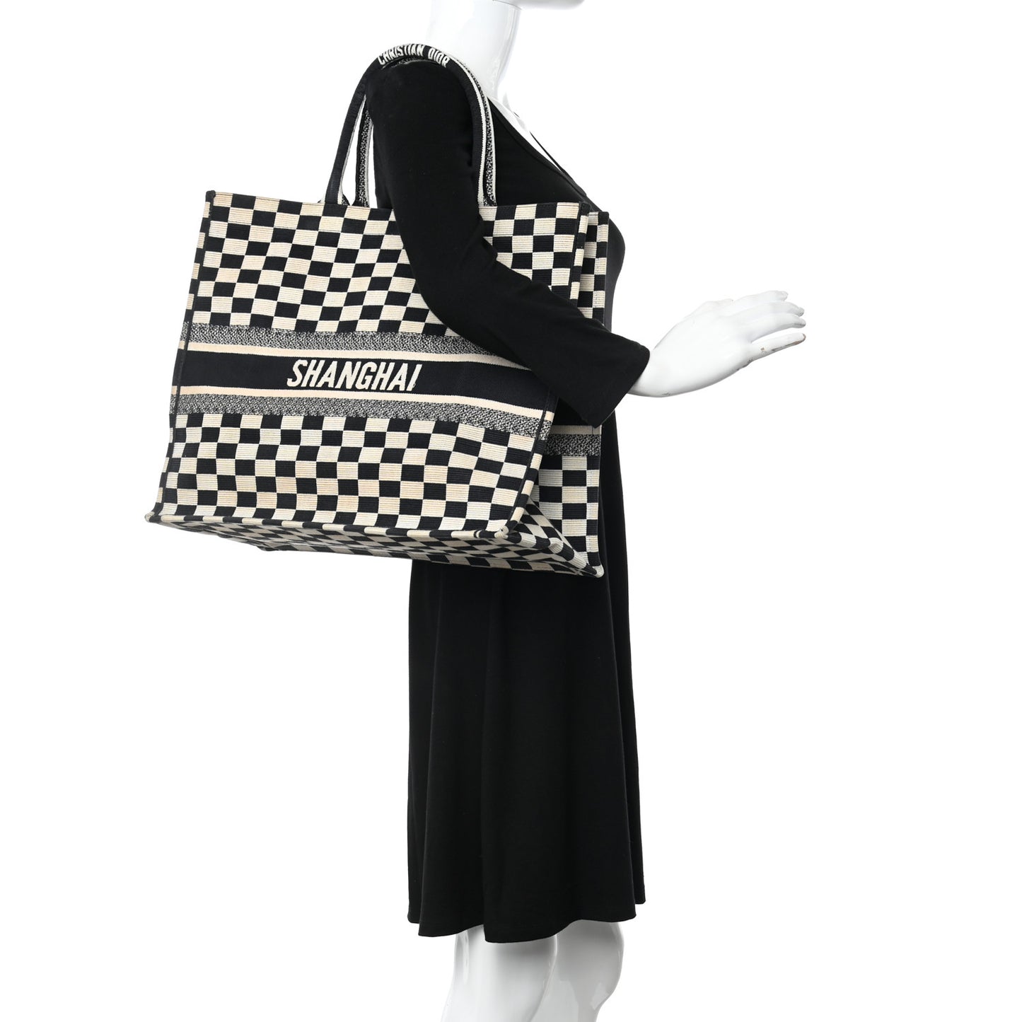 Canvas Embroidered Checkered Book Tote Black White
