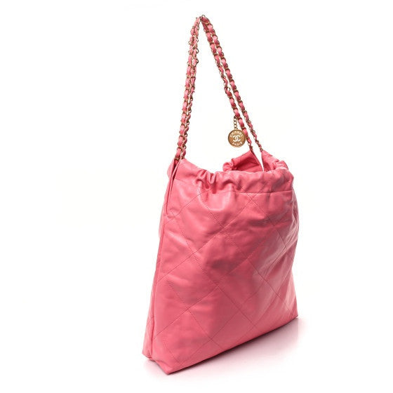 Shiny Calfskin Quilted Large Chanel 22 Coral Pink