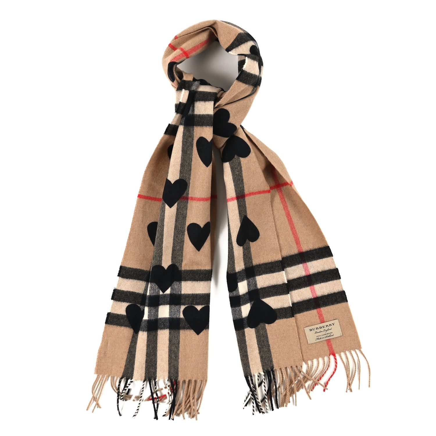 Burberry Cashmere Giant Heart Fringe Scarf Camel 1781075