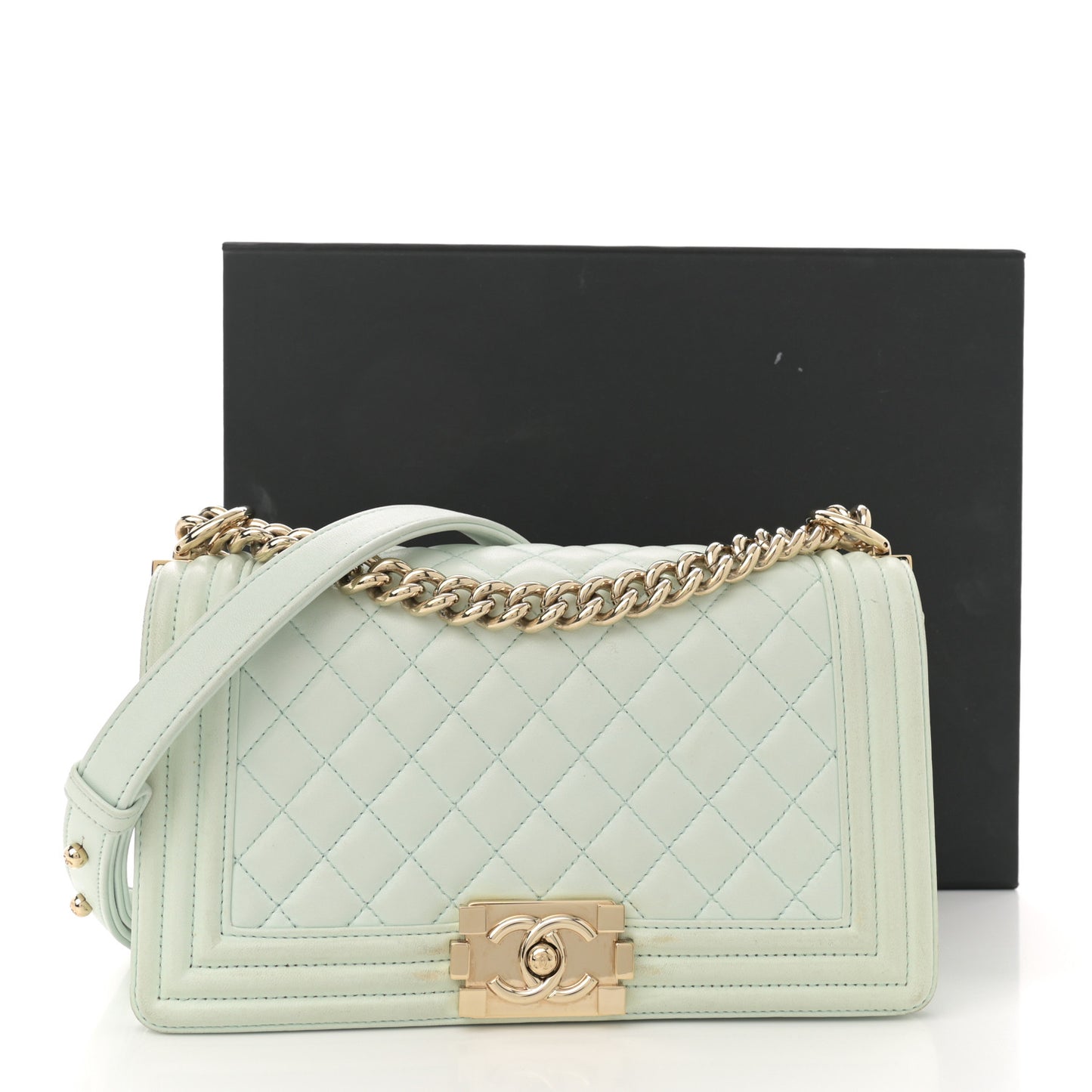 Lambskin Quilted Medium Boy Flap Light Green