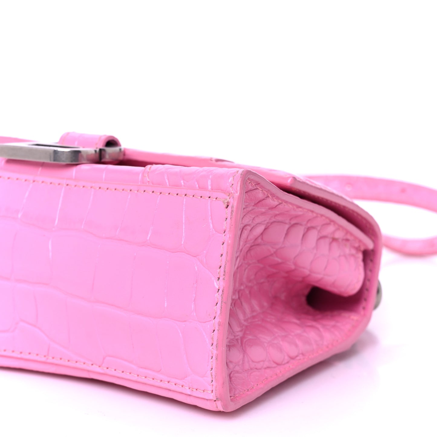 Shiny Calfskin Crocodile Embossed Hourglass Top Handle Bag XS Baby Pink
