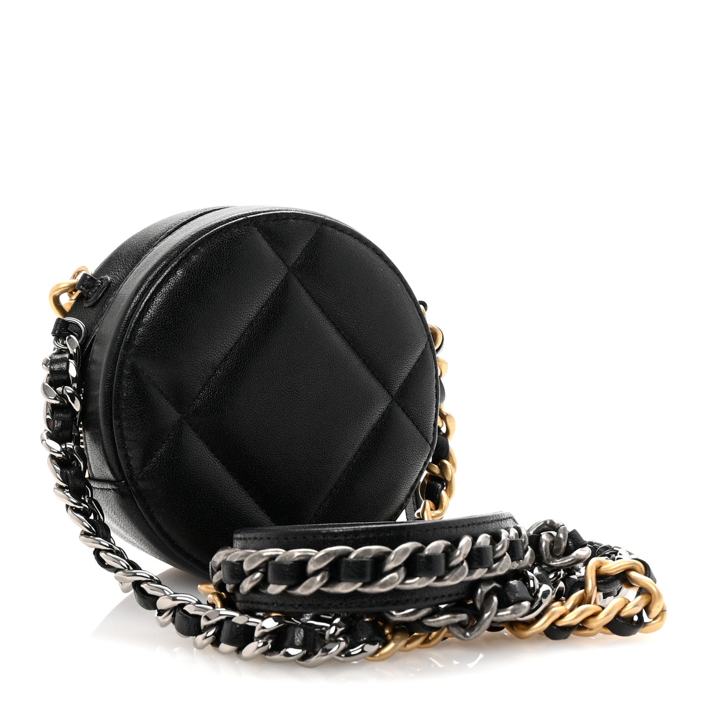 Shiny Goatskin Quilted Chanel 19 Round Clutch With Chain Black