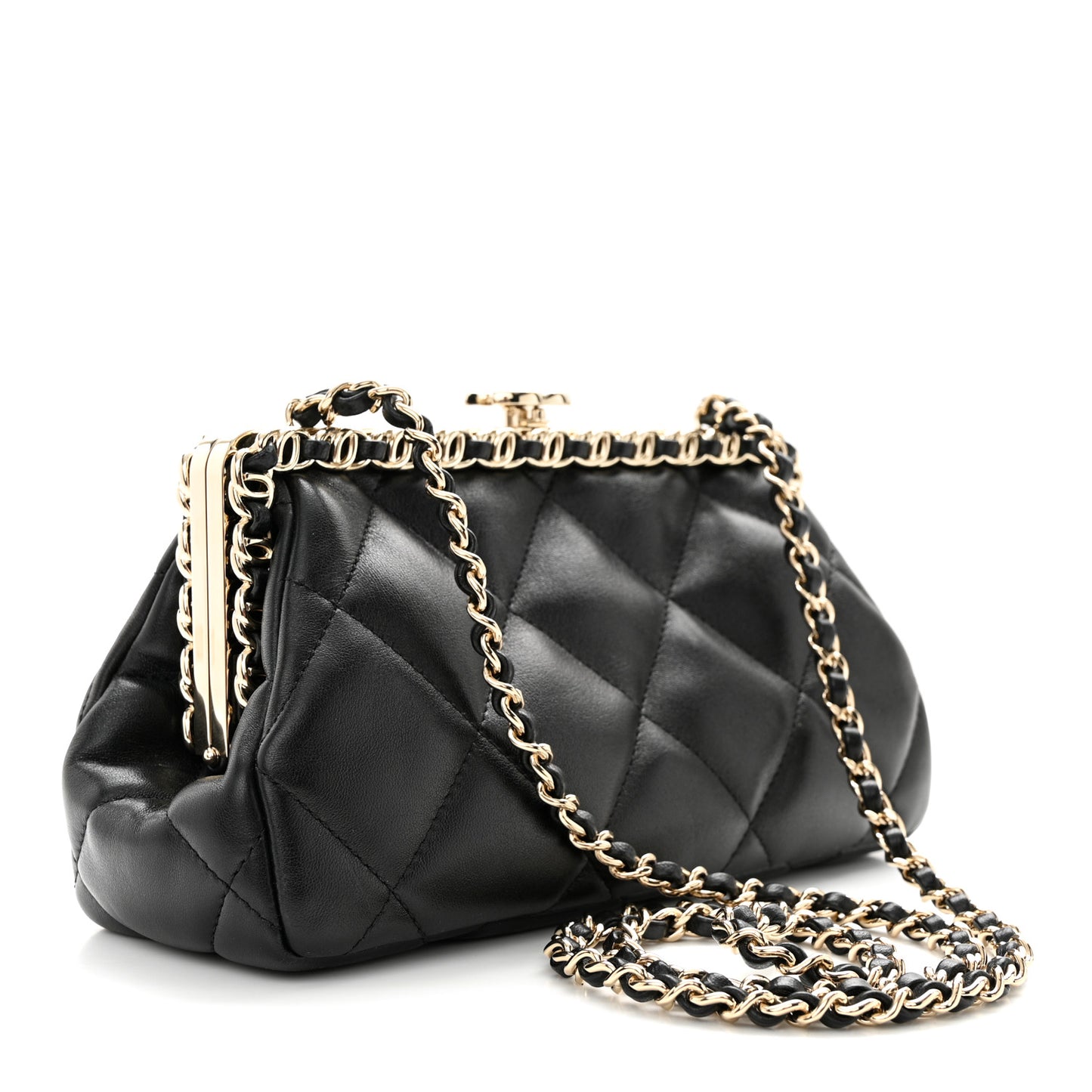 Lambskin Quilted CC Kisslock Clutch Black