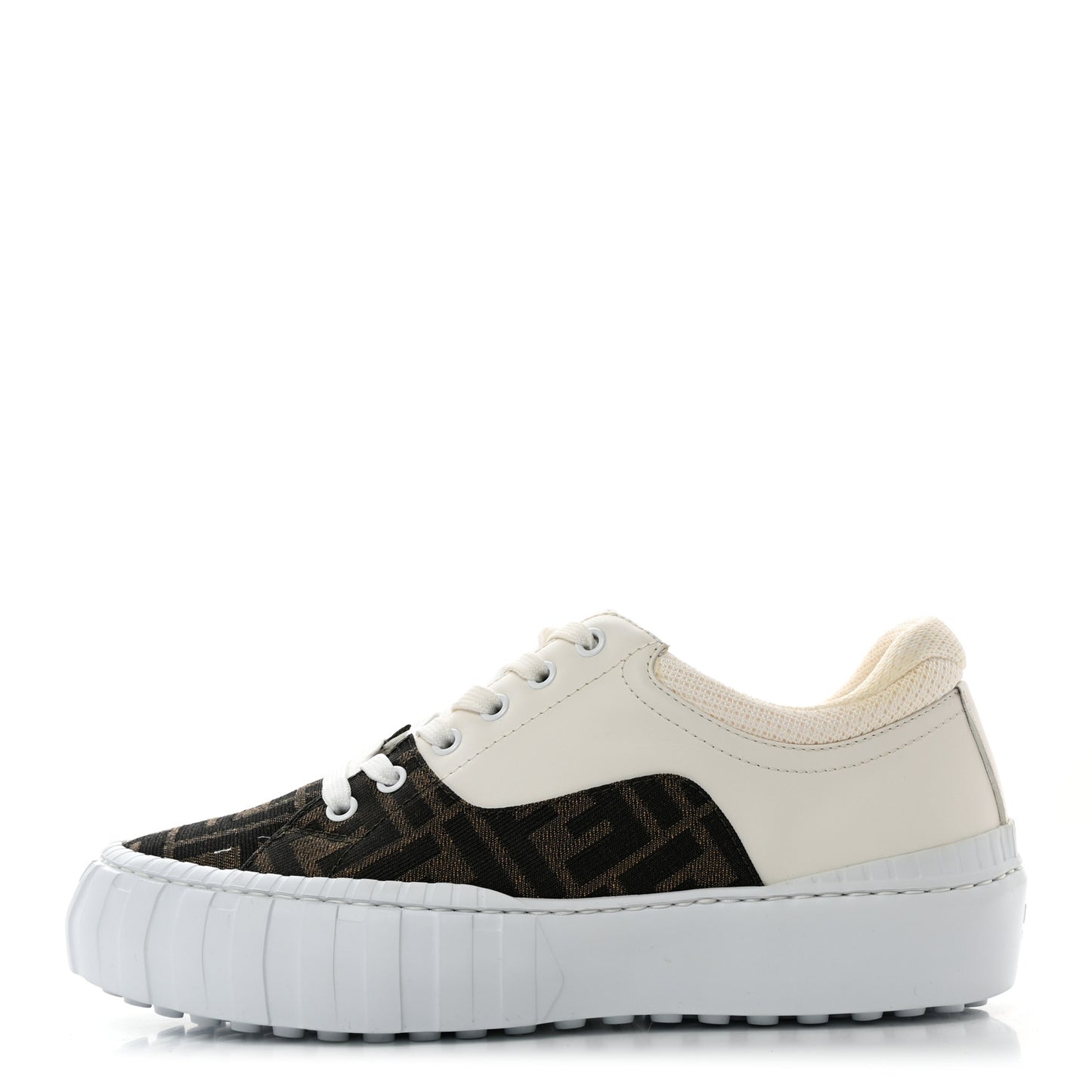 Fabric Jacquard Vitello Technical Fabric FF Womens Fendi Force Low Top Sneakers 39.5 Tobacco Black Ultrawhite White