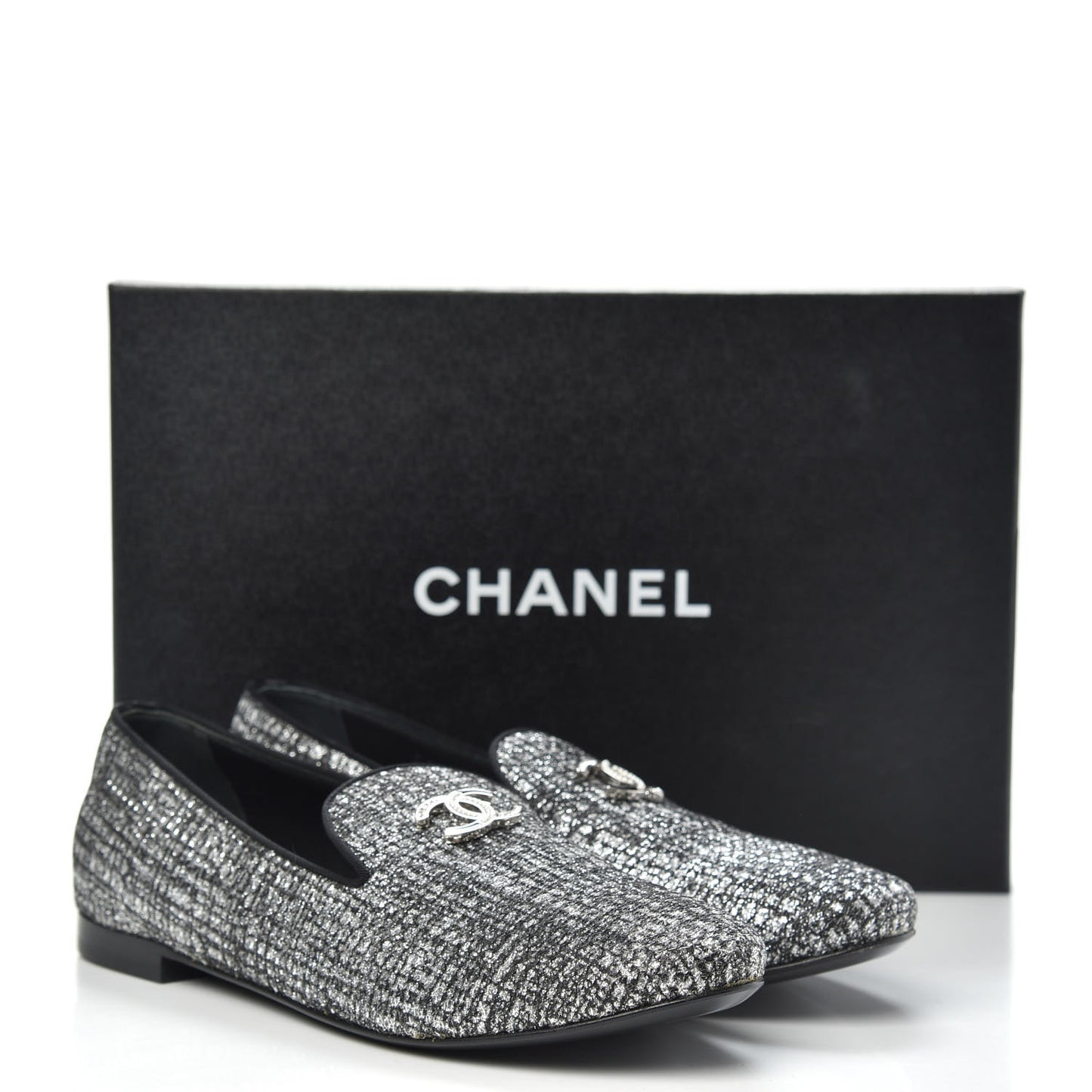 Fantasy Fabric Grosgrain CC Mocassin Loafers 39 Silver Black