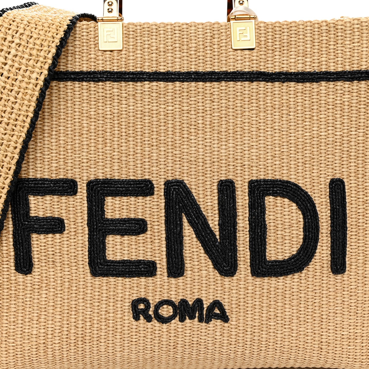 Straw Vitello King Plexiglass Woven Medium Fendi Sunshine Shopper Tote Natural Black