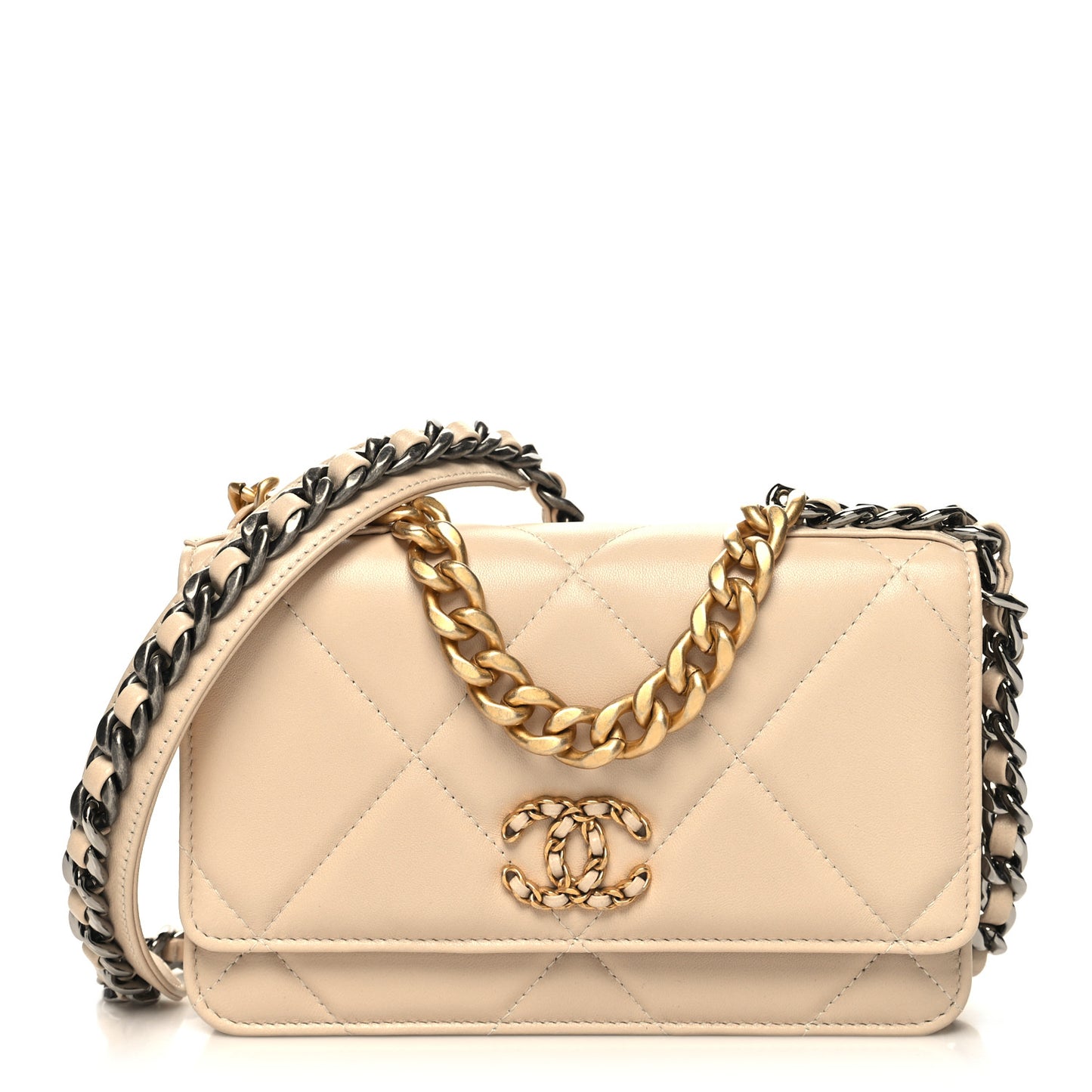 Lambskin Quilted Chanel 19 Wallet On Chain WOC Beige