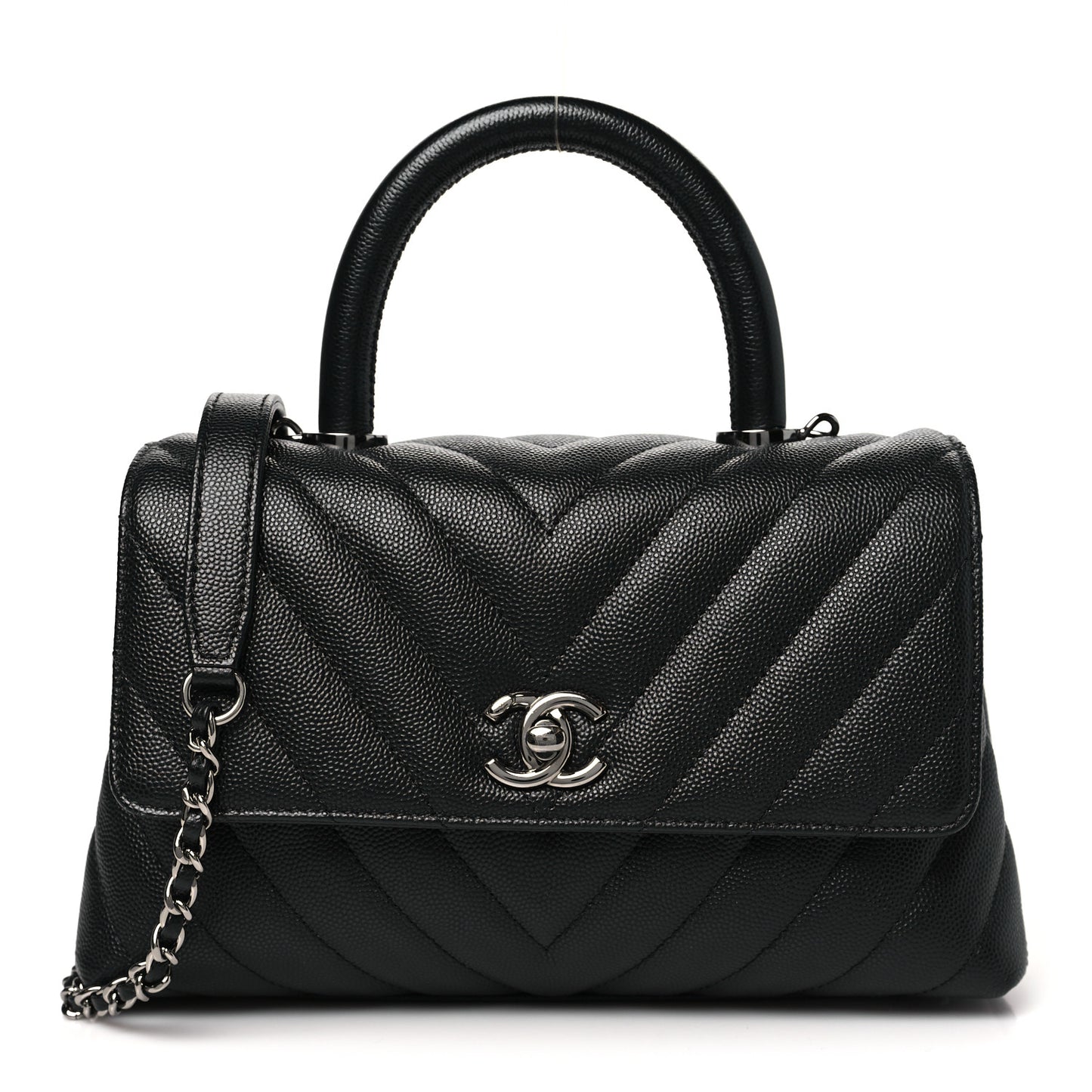 Caviar Chevron Quilted Mini Coco Handle Flap Black