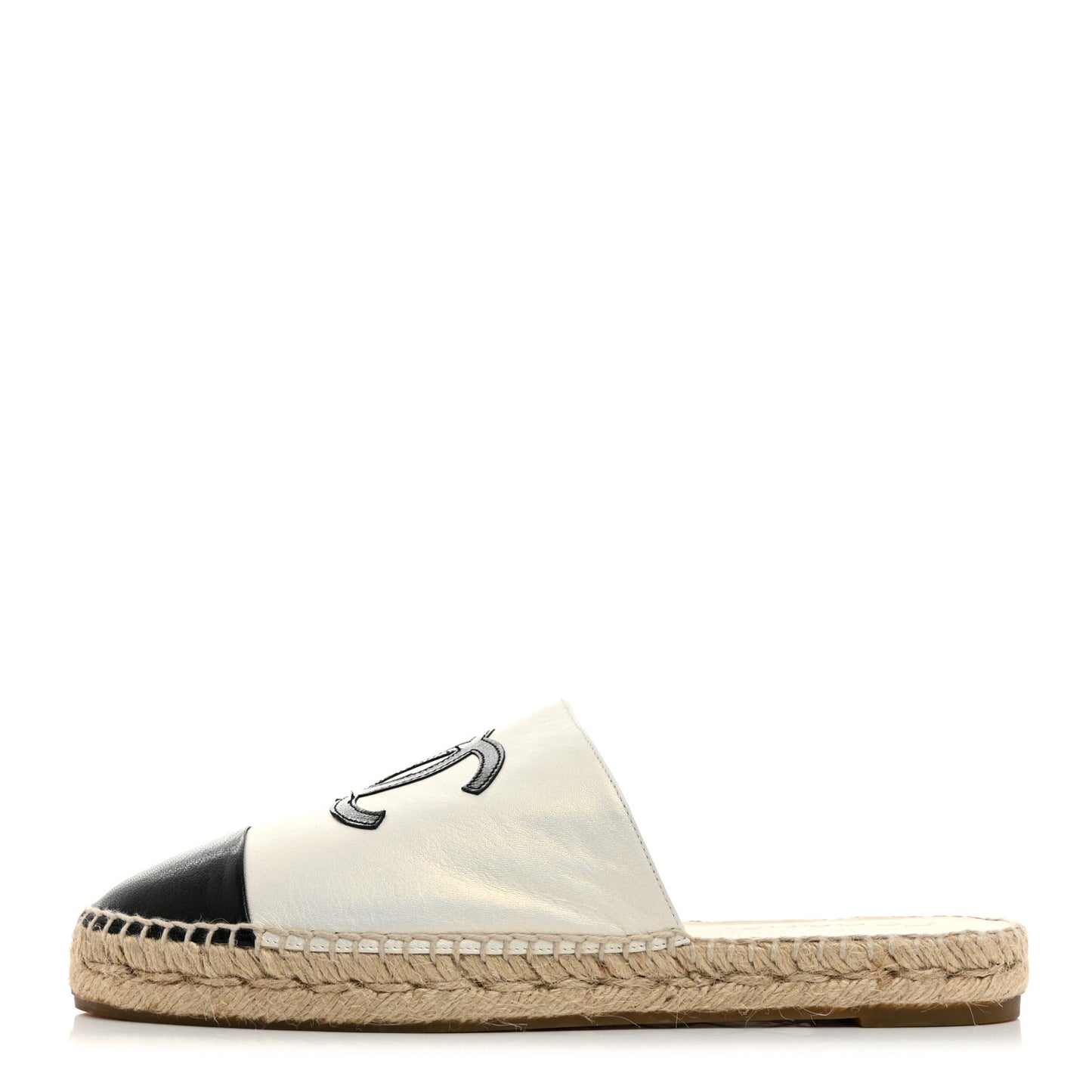 Iridescent Goatskin CC Espadrille Mules 40 Ivory Black