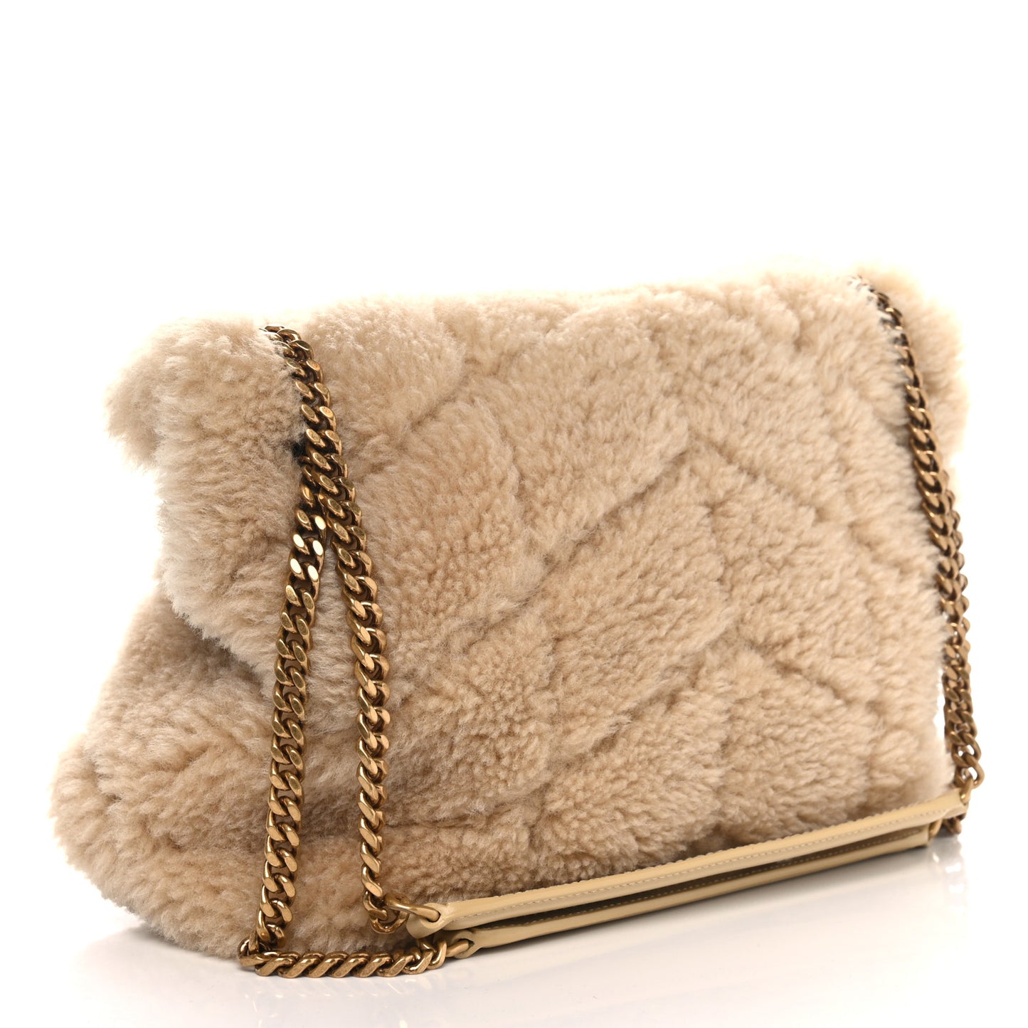 Merino Shearling Lambskin Quilted Small Loulou Puffer Monogram Chain Satchel Natural Beige